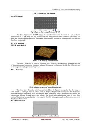 Synthesis of nano materials by sputtering
| IJMER | ISSN: 2249–6645 | www.ijmer.com | Vol. 4 | Iss. 5| June. 2014 | 43|
III. Results And Discussions
3.1 SEM Analysis
Fig 4: 1 µm level at a magnification of 25 KX
The above figure shows the SEM image of nano sillimanite cubes. It is seen at 1 µm level at a
magnification of 25 KX. From this it is clearly visible that the presence of nano sillimanite is available. The
white dots indicate the co-deposition of alumina and silica materials. Whereas the remaining dark area indicates
the silicon nitride wafer.
3.2 AFM Analysis
3.2.1 3D image analysis
Figure 5: 3D image of nano sillimanite
The figure 7 shows the 3D image of sillimanite cube. The golden yellowish color shows the presence
of silicon dioxide and whereas the white color indicates the presence of aluminium dioxide. The valleys present
in the image indicate the presence of any voids.
3.2.2 Adhesiveness
Fig 6: Adhesive property of nano sillimanite cube
The above figure shows the adhesive property and from the figure it is very clear that this image is
taken from 0 – 5 µm range. There are various colors on the plot. The yellowish color indicates that the material
have more adhesive towards the tip of the cantilever beam. That means there is a frictional force behind this
phenomenon. Whereas the dark brown color indicates that there is a less adhesiveness when we move from
center of the material towards the edge of the material. And this value again very less when we move towards
the edges of the specimen.
3.2.3 Deflection error
Fig 7: deflection error of cantilever beam
 