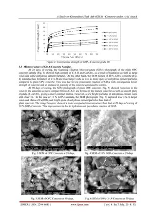 A Study on Groundnut Husk Ash (GHA) –Concrete under Acid Attack 
| IJMER | ISSN: 2249–6645 | www.ijmer.com | Vol. 4 | Iss.7| July. 2014 | 33| 
Figure 2: Compressive strength of GHA- Concrete grade 20 3.3 Microstructure of GHA-Concrete Samples At 28 days of curing, the Scanning Electron Microstructure (SEM) photograph of the plain OPC concrete sample (Fig. 3) showed high content of C-S-H and Ca(OH)2 as a result of hydration as well as large voids and some anhydrous cement particles. On the other hand, the SEM picture of 10 % GHA-Concrete (Fig. 4) indicated less formation of C-S-H and more large voids as well as more spots of anhydrous cement particles compared to plain OPC concrete. This was due to low pozzolanic reaction of GHA with consequence lower strength of concrete and an increase in porosity of the concrete compared to control. At 90 days of curing, the SEM photograph of plain OPC concrete (Fig. 5) showed reduction in the voids in the concrete as more compact fibrous C-S-H are formed in the mature concrete as well as smooth platy crystals of Ca(OH)2 giving a more compact matrix. However, a few bright particles of anhydrous cement were still observed. In the case of 10 % GHA-Concrete, the SEM photograph (Fig. 6) captured less C-S-H, larger voids and plates of Ca(OH)2 and bright spots of anhydrous cement particles than that of plain concrete. The image however showed a more compacted microstructure than that at 28 days of curing of 10 % GHA-Concrete. This improvement is due to hydration and pozzolanic reaction of GHA. 
Fig. 3:SEM of OPC Concrete at 28 days, Fig. 4:SEM of 10% GHA-Concrete at 28 days 
Fig. 5:SEM of OPC Concrete at 90 days, Fig. 6:SEM of 10% GHA-Concrete at 90 days 
CH 
IHCP & IHGHA 
IHCP 
C-S-H 
CH 
C-S-H 
C-S-H 
CH 
CH 
CH 
CH 
IHCP 
C-S-H 
IHCP & IHGHA  
