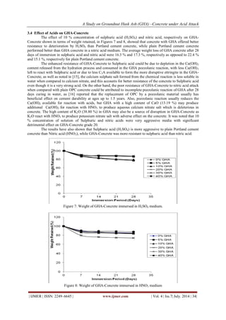 A Study on Groundnut Husk Ash (GHA) –Concrete under Acid Attack 
| IJMER | ISSN: 2249–6645 | www.ijmer.com | Vol. 4 | Iss.7| July. 2014 | 34| 
3.4 Effect of Acids on GHA-Concrete The effect of 10 % concentration of sulphuric acid (H2SO4) and nitric acid, respectively on GHA- Concrete shown in terms of weight retained, in Figures 7 and 8, showed that concrete with GHA offered better resistance to deterioration by H2SO4 than Portland cement concrete, while plain Portland cement concrete performed better than GHA concrete in a nitric acid medium. The average weight loss of GHA concrete after 28 days of immersion in sulphuric acid and nitric acid were 16.3 % and 17.3 %, respectively as opposed to 22.4 % and 15.1 %, respectively for plain Portland cement concrete. The enhanced resistance of GHA-Concrete to Sulphuric acid could be due to depletion in the Ca(OH)2 content released from the hydration process and consumed in the GHA pozzolanic reaction, with less Ca(OH)2 left to react with Sulphuric acid or due to less C3A available to form the more disruptive ettringite in the GHA- Concrete, as well as noted in [15], the calcium sulphate salt formed from the chemical reaction is less soluble in water when compared to calcium nitrate, and this accounts for better resistance of the concrete to Sulphuric acid even though it is a very strong acid. On the other hand, the poor resistance of GHA-Concrete to nitric acid attack when compared with plain OPC concrete could be attributed to incomplete pozzolanic reaction of GHA after 28 days curing in water, as [16] reported that the replacement of OPC by a pozzolanic material usually has beneficial effect on cement durability at ages up to 1.5 years. Also, pozzolanic reaction usually reduces the Ca(OH)2 available for reaction with acids, but GHA with a high content of CaO (13.19 %) may produce additional Ca(OH)2 for reaction with HNO3 to produce aqueous calcium nitrate salt which is deleterious in concrete. The high content of K2O (38.80 %) in GHA may also be a source of disruption in GHA-Concrete as K2O react with HNO3 to produce potassium nitrate salt with adverse effect on the concrete. It was noted that 10 % concentration of solution of Sulphuric and nitric acids were very aggressive media with significant detrimental effect on GHA-Concrete grade 20. The results have also shown that Sulphuric acid (H2SO4) is more aggressive to plain Portland cement concrete than Nitric acid (HNO3), while GHA-Concrete was more resistant to sulphuric acid than nitric acid. Figure 7: Weight of GHA-Concrete immersed in H2SO4 medium. Figure 8: Weight of GHA-Concrete immersed in HNO3 medium  