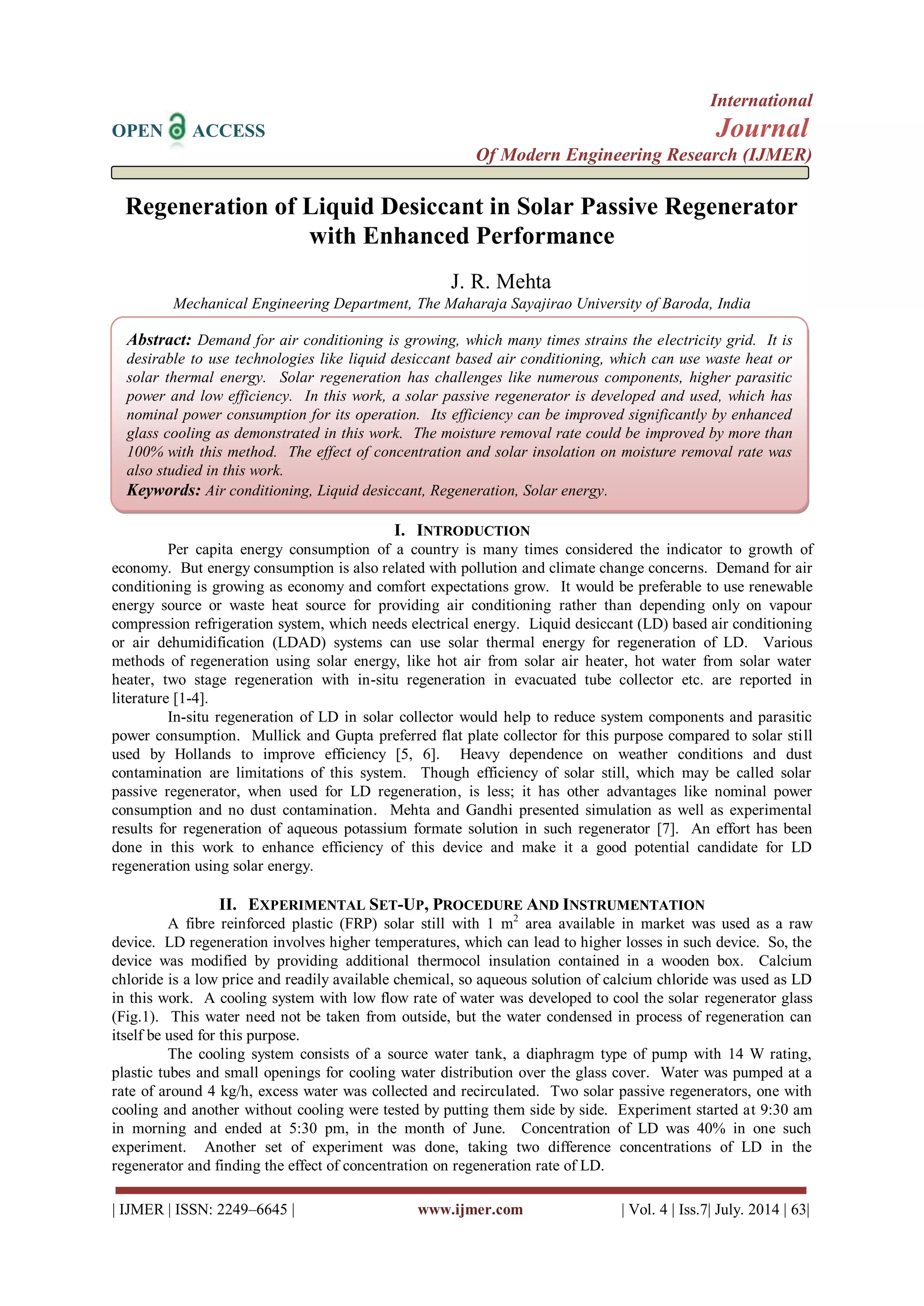 Regeneration of Liquid Desiccant in Solar Passive Regenerator with