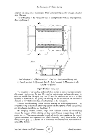 Psychrometrics of Tobacco Curing
http://www.iaeme.com/IJMET/index.asp 27 editor@iaeme.com
criterion for curing space planning is: 20 m3
volume in the unit for tobacco collected
from 1 ha area.
The architecture of the curing unit used as a sample in the realized investigation is
shown in Figure 2.
1 - Curing space, 2 - Machine room, 3 - Corridor, 4 - Air-conditioning unit,
5 - Supply air duct, 6 - Return air duct, 7 - Relief air duct, 8 - Measuring levels
(3x3x5 =45 points)
Figure 2 Tobacco curing unit
The selection of air handling and distribution system is carried out according to:
(1) general requirements for long life with low maintenance and operating costs in
order to provide low life-cycle cost, and (2) specific requirements, such as needed
quantity of supplied air, the quality of entering air, the location of air distributive
elements to provide the specified air state changes in the curing unit.
Selected air-conditioning system includes heating and humidifying sources. The
air-conditioning unit consists of mixing section for atmospheric air and recirculating
air, filter, heater, humidifier and fan, Figure 3.
By applying constant airflow, single duct, constant volume air-conditioning
system the changes of the entering air state ware obtained in accordance with the
curing curves. This system responded completely to the space needs and the control
system maintained air temperature and relative humidity closely to the values of the
curing curves, [7], [8]. A return fan is eliminated because the over pressurization is
relieved by damper.
 