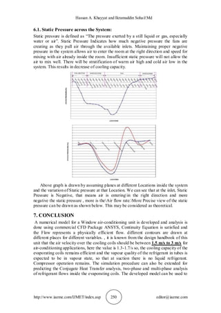 Hassan A. Khayyat and Ikramuddin Sohail Md
http://www.iaeme.com/IJMET/index.asp 250 editor@iaeme.com
6.1. Static Pressure across the System:
Static pressure is defined as “The pressure exerted by a still liquid or gas, especially
water or air”. Static Pressure Indicates how much negative pressure the fans are
creating as they pull air through the available inlets. Maintaining proper negative
pressure in the system allows air to enter the room at the right direction and speed for
mixing with air already inside the room. Insufficient static pressure will not allow the
air to mix well. There will be stratification of warm air high and cold air low in the
system. This results in decrease of cooling capacity.
Above graph is drawn by assuming planes at different Locations inside the system
and the variation of Static pressure at that Location. We can see that at the inlet, Static
Pressure is Negative, that means air is enteringin the right direction and more
negative the static pressure , more is theAir flow rate.More Precise view of the static
pressure can be drawn as shown below. This may be considered as theoretical.
7. CONCLUSION
A numerical model for a Window air-conditioning unit is developed and analysis is
done using commercial CFD Package ANSYS, Continuity Equation is satisfied and
the Flow represents a physically efficient flow. different contours are drawn at
different places for different variables. , it is known from the design handbook of this
unit that the air velocity over the cooling coils should be between 1.5 m/s to 3 m/s for
air-conditioning applications, here the value is 1.3-1.7/s so, the cooling capacity of the
evaporating coils remains efficient and the vapour quality of the refrigerant in tubes is
expected to be in vapour state, so that at suction there is no liquid refrigerant.
Compressor operation remains. The simulation procedure can also be extended for
predicting the Conjugate Heat Transfer analysis, two-phase and multi-phase analysis
of refrigerant flows inside the evaporating coils. The developed model can be used to
 