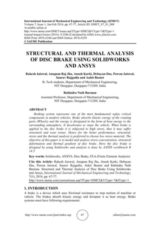 STRUCTURAL AND THERMAL ANALYSIS OF DISC BRAKE USING SOLIDWORKS AND ...