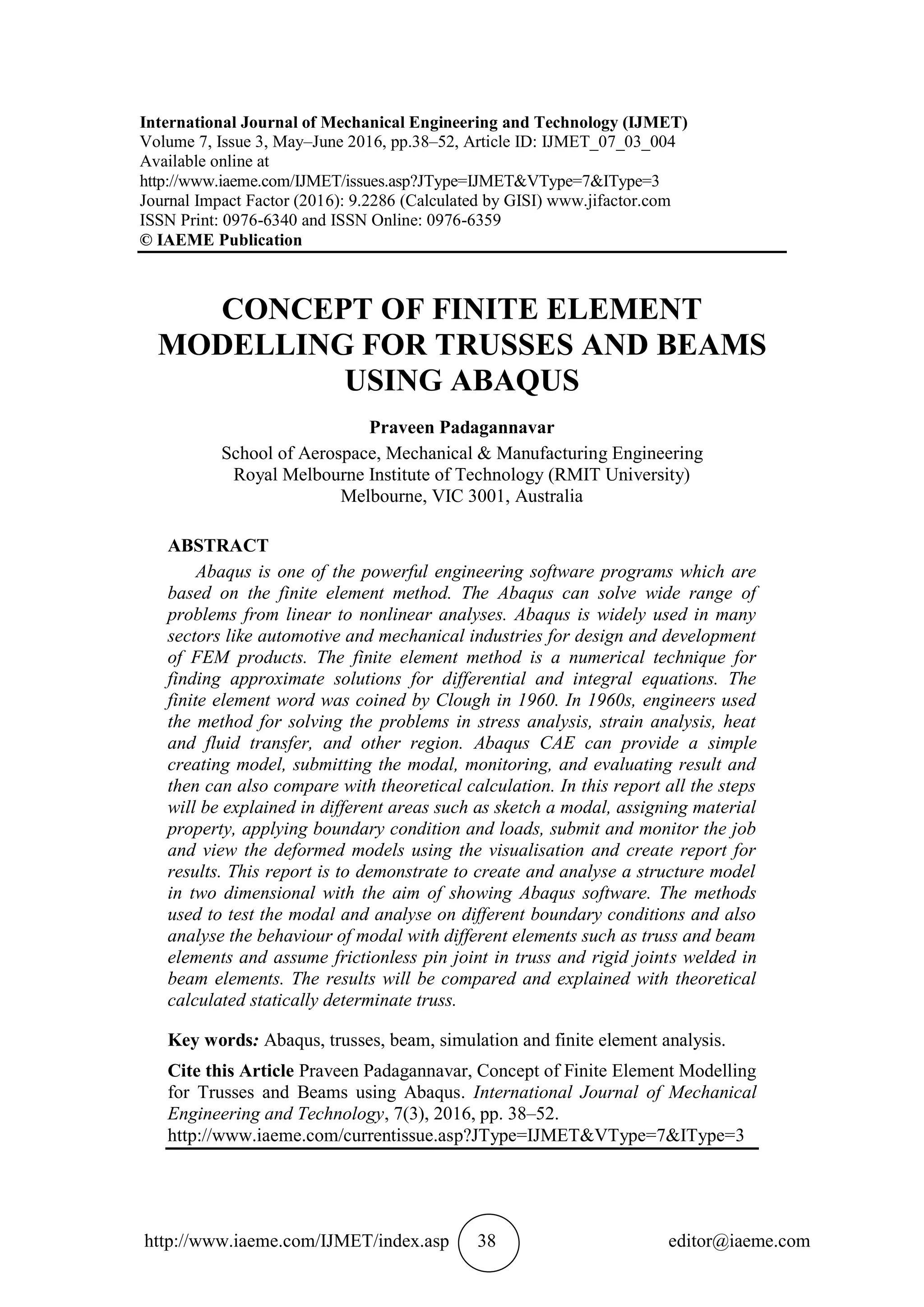 CONCEPT OF FINITE ELEMENT MODELLING FOR TRUSSES AND BEAMS USING ABAQUS ...