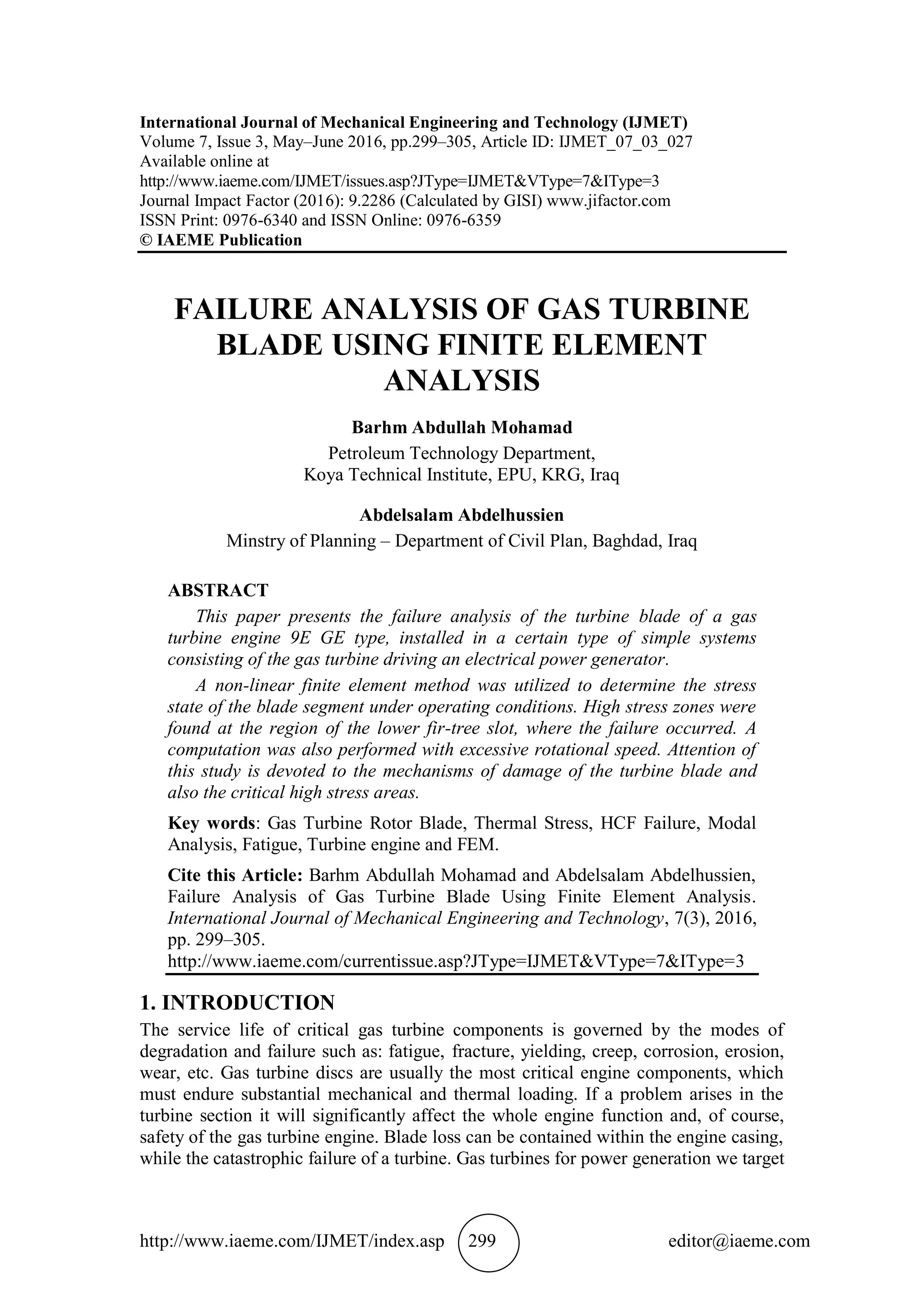 FAILURE ANALYSIS OF GAS TURBINE BLADE USING FINITE ELEMENT ANALYSIS | PDF