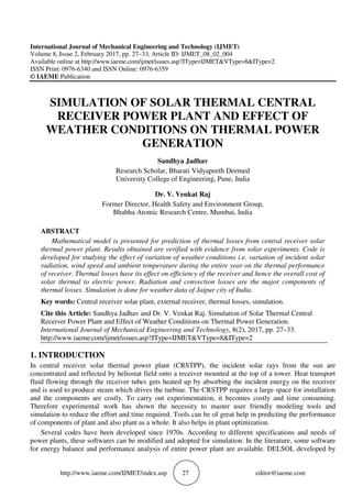 SIMULATION OF SOLAR THERMAL CENTRAL RECEIVER POWER PLANT AND EFFECT OF ...