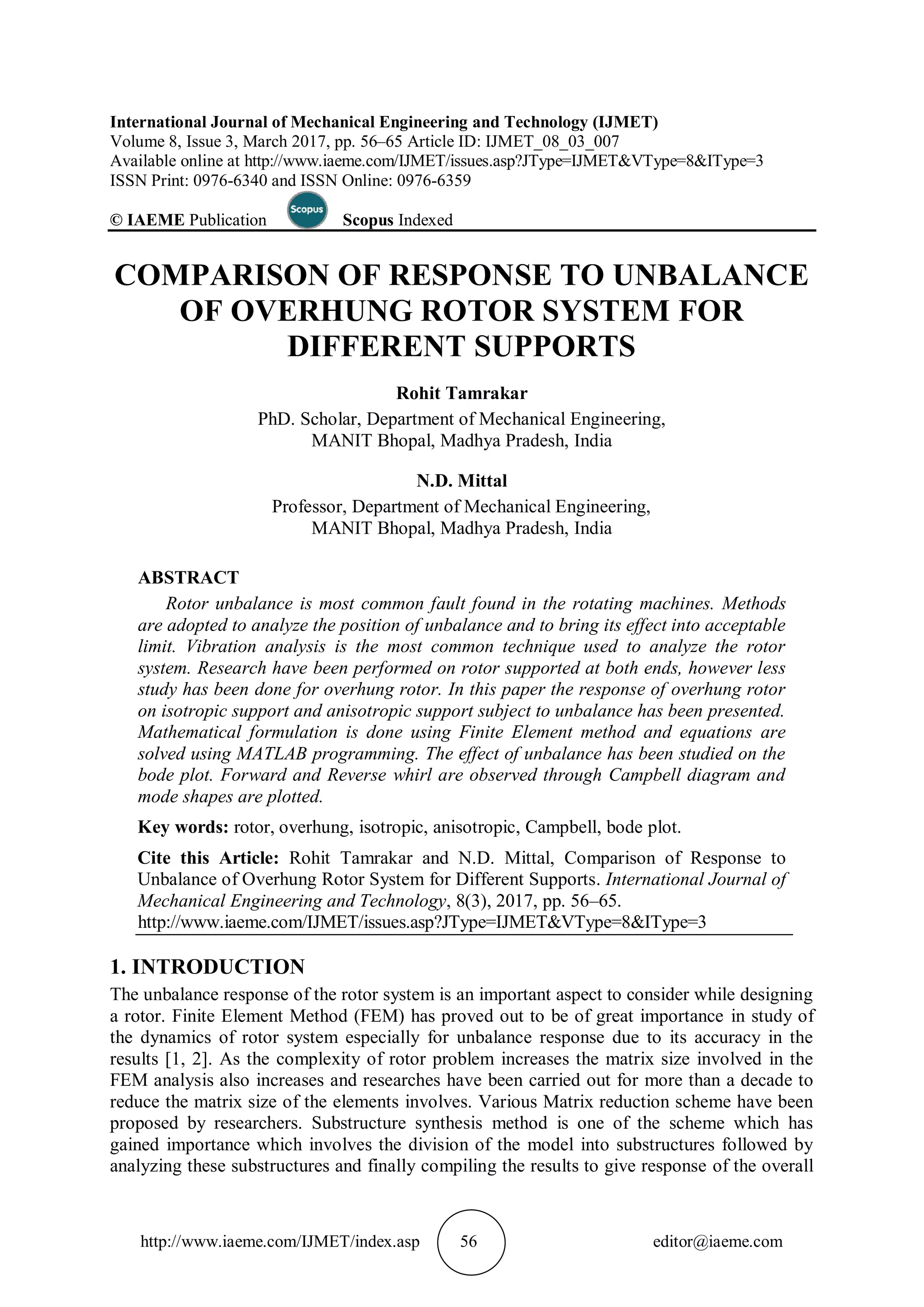 COMPARISON OF RESPONSE TO UNBALANCE OF OVERHUNG ROTOR SYSTEM FOR ...