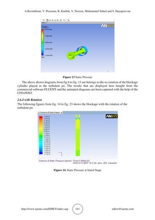 A.Ravinthiran, V. Prasanna, B. Karthik, V. Naveen, Mohammed Suhail and S. Hayagreevan
http://www.iaeme.com/IJMET/index.asp 141 editor@iaeme.com
Figure 13 Static Pressure
The above shown diagrams from fig.4 to fig. 13 are belongs to the no rotation of the blockage
cylinder placed in the turbulent jet. The results that are displayed here bought from the
commercial software FLUENT and the animated diagrams are been captured with the help of the
CFD-POST.
2.6.4 with Rotation
The following figures from fig. 14 to fig. 23 shows the blockage with the rotation of the
turbulent jet.
Figure 14. Static Pressure at Initial Stage
 
