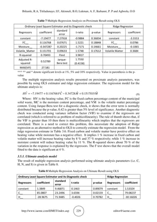 Ibikunle, R.A, Titiladunayo, I.F, Akinnuli, B.O, Lukman, A. F, Ikubanni, P. P and Agboola, O.O
http://www.iaeme.com/IJMET/index.asp 229 editor@iaeme.com
Table 7 Multiple Regression Analysis on Proximate Result using OLS
Ordinary Least Square Estimator and its Diagnostic check Ridge Regression
Regressors coefficient
standard
error
t-ratio p-value Regressors coefficient
constant -7.19477 7.27918 -0.9884 0.36834 constant -3.5553
FC__ 0.116768 0.07671 1.5221 0.18848 FC__ 0.0786
Moisture__ -0.347287 0.20225 -1.7171 0.14661 Moisture__ -0.1065
Volatile_Matter 0.151701 0.09633 1.5748 0.17612 Volatile Matter 0.3684
R-squared 0.70493 Ftest 3.9817
Adjusted R-
squared
0.52789
Jarque-
Bera test
1.7550
(0.4158)
MAX(VIF) 27.581
*** ** and * denote significant levels at 1%, 5% and 10% respectively. Value in parenthesis is the p-
value
The multiple regression analysis results presented on proximate analysis parameters, was
possible by using OLS estimator and ridge regression estimator. The regression model for the
ultimate analysis is:
MVMCFVH ˆ151701.0ˆ34728.0ˆ116768.019477.7ˆ +−+−= (9)
Where: HV is the heating value, FC is the fixed carbon percentage content of the municipal
solid waste, MC is the moisture content percentage, and VM is the volatile matter percentage
content. Using Jarque-Bera test for a diagnostic check, it shows that the error term is normally
distributed because the p-value, 0.42 is greater than 5% level of significance. Another diagnostic
check was conducted using variance inflation factor (VIF) to examine if the regressors are
correlated (which is referred to as problem of multicollinearity). The rule of thumb shows that, if
the VIF is greater than 10 then there is multicollinearity which implies that the regressors are
correlated. There is a need to correct this problem, this necessitate the adoption of Ridge
regression as an alternative method to OLS to correctly estimate the regression model. From the
ridge regression estimate in Table 3.6. Fixed carbon and volatile matter have positive effect on
heating value while moisture has a negative effect. It implies 1 % increase in fixed carbon and
volatile matter will increase heating value by 8 % and 37 % respectively; while 1 % increase in
moisture content will reduce heating value by 11 %. The R-squared shows about 70 % of the
variation in the response is explained by the regressors. The F test shows that the overall model
fitted to the data is significant at 4 %.
3.5.1. Ultimate analysis model
The result of multiple regression analysis performed using ultimate analysis parameters (i.e. C,
H, N, and S) is given in Table 8.
Table 8 Multiple Regression Analysis on Ultimate Result using OLS
Ordinary Least Square Estimator and its Diagnostic check Ridge Regression
Regressors coefficient
standard
error
t-ratio p-value Regressors coefficient
constant 1.3849 9.46871 0.1463 0.89079 constant 1.53324
C__ 85.0807 23.2496 3.6594 0.02159 C__ 79.08237
H__ -28.9675 71.9485 -0.4026 0.70782 H__ -30.16026
 