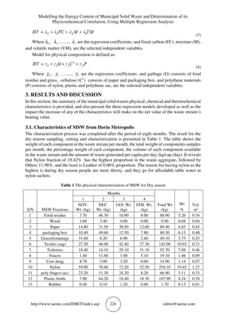 Modelling the Energy Content of Municipal Solid Waste and Determination of its
Physicochemical Correlation, Using Multiple Regression Analysis
http://www.iaeme.com/IJMET/index.asp 224 editor@iaeme.com
(7)
Where 0λ , 1λ ……... 3λ are the regression coefficients; and fixed carbon (FC), moisture (M),
and volatile matter (VM), are the selected independent variables.
Model for physical composition is defined as:
(8)
Where 0γ , 1γ ……... 3γ are the regression coefficients; and garbage (G) consists of food
residue and grass, cellulose (C1
) consists of paper and packaging box, and polythene materials
(P) consists of nylon, plastic and polythene sac, are the selected independent variables.
3. RESULTS AND DISCUSSION
In this section, the summary of the municipal solid wastes physical, chemical and thermochemical
characteristics is provided, and also present the three regression models developed as well as the
impact the increase of any of the characteristics will make on the net value of the waste stream’s
heating value.
3.1. Characteristics of MSW from Ilorin Metropolis
The characterization process was completed after the period of eight months. The result for the
dry season sampling, sorting and characterization is presented in Table 1. The table shows the
weight of each component in the waste stream per month, the total weight of components samples
per month, the percentage weight of each component, the volume of each component available
in the waste stream and the amount of waste generated per capita per day (kg/cap./day). It reveals
that Nylon fraction of 19.42% has the highest proportion in the waste aggregate, followed by
Others 11.98%, and the least is Leather of 0.06% proportion. The reason for having nylon as the
highest is during dry season people are more thirsty, and they go for affordable table water in
nylon sachets.
Table 1 The physical characterization of MSW for Dry season
S/N MSW Fractions
Months
Total Wt
(kg)
Wt
%
Vol.
m3
1 2 3 4
NOV.
Wt. (kg)
DEC.
Wt. (kg)
JAN. Wt.
(kg)
FEB. Wt,
(kg)
1 Food residue 3.70 46.30 10.90 8.00 68.90 5.26 0.34
2 Wood 1.60 3.40 4.00 0.00 9.00 0.68 0.04
3 Paper 14.80 31.50 30.50 12.60 89.40 6.83 0.45
4 packaging box 10.40 49.60 12.50 7.80 80.30 6.13 0.40
5 Grass/trimmings 31.60 8.20 6.90 2.40 49.10 3.75 0.25
6 Texiles (rag) 27.20 46.00 42.40 27.30 142.90 10.92 0.71
7 Toiletries 18.40 14.10 29.10 31.10 92.70 7.08 0.46
8 Feaces 1.40 11.60 1.00 5.10 19.10 1.46 0.09
9 Cow dung 8.70 3.00 3.20 0.00 14.90 1.14 0.07
10 Nylon 59.00 70.40 72.20 52.50 254.10 19.42 1.27
11 poly (bagco sac) 23.20 11.30 24.20 8.20 66.90 5.11 0.33
12 Plastic bottle 7.00 64.20 18.40 18.30 107.90 8.24 0.54
13 Rubber 0.40 0.10 1.20 0.00 1.70 0.13 0.01
 