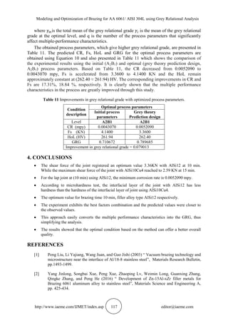 Modeling and Optimization of Brazing for AA 6061/ AISI 304L using Grey Relational Analysis
http://www.iaeme.com/IJMET/index.asp 117 editor@iaeme.com
where is the total mean of the grey relational grade is the mean of the grey relational
grade at the optimal level, and q is the number of the process parameters that significantly
affect multiple-performance characteristics.
The obtained process parameters, which give higher grey relational grade, are presented in
Table 11. The predicted CR, Fs, HoL and GRG for the optimal process parameters are
obtained using Equation 10 and also presented in Table 11 which shows the comparison of
the experimental results using the initial (A2B1) and optimal (grey theory prediction design,
A2B1) process parameters. Based on Table 11, the CR decreased from 0.0052090 to
0.0043070 mpy, Fs is accelerated from 3.3600 to 4.1400 KN and the HoL remain
approximately constant at (262.40 ≈ 261.94) HV. The corresponding improvements in CR and
Fs are 17.31%, 18.84 %, respectively. It is clearly shown that the multiple performance
characteristics in the process are greatly improved through this study.
Table 11 Improvements in grey relational grade with optimized process parameters.
Condition
description
Optimal process parameters
Initial process
parameters
Grey theory
Prediction design
Level A2B1 A2B1
CR (mpy) 0.0043070 0.0052090
Fs (KN) 4.1400 3.3600
HoL (HV) 261.94 262.40
GRG 0.710672 0.789685
Improvement in grey relational grade = 0.079013
4. CONCLUSIONS
 The shear force of the joint registered an optimum value 3.36KN with AlSi12 at 10 min.
While the maximum shear force of the joint with AlSi10Cu4 reached to 2.59 KN at 15 min.
 For the lap joint at (10 min) using AlSi12, the minimum corrosion rate is 0.0052090 mpy.
 According to microhardness test, the interfacial layer of the joint with AlSi12 has less
hardness than the hardness of the interfacial layer of joint using AlSi10Cu4.
 The optimum value for brazing time 10 min, filler alloy type AlSi12 respectively.
 The experiment exhibits the best factors combination and the predicted values were closer to
the observed values.
 This approach easily converts the multiple performance characteristics into the GRG, thus
simplifying the analysis.
 The results showed that the optimal condition based on the method can offer a better overall
quality.
REFERENCES
[1] Peng Liu, Li Yajiang, Wang Juan, and Guo Jishi (2003) “ Vacuum brazing technology and
microstructure near the interface of Al/18-8 stainless steel”, Materials Research Bulletin,
pp.1493-1499.
[2] Yang Jinlong, Songbai Xue, Peng Xue, Zhaoping Lv, Weimin Long, Guanxing Zhang,
Qingke Zhang, and Peng He (2016) “ Development of Zn-15Al-xZr filler metals for
Brazing 6061 aluminum alloy to stainless steel”, Materials Science and Engineering A,
pp. 425-434.
 