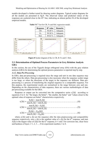 Modeling and Optimization of Brazing for AA 6061/ AISI 304L using Grey Relational Analysis
http://www.iaeme.com/IJMET/index.asp 113 editor@iaeme.com
models developed is further tested by drawing scatter diagrams. Typical scatter diagrams for
all the models are presented in fig.8. The observed values and predicted values of the
responses are scattered close to the 45° line, indicating an almost perfect fit of the developed
empirical models.
Table 5 R2
Test for CR, Fs and HoL regression model.
Response R2
value Remarks
CR 94.40 % Adequate
Fs 99.30 % Adequate
HoL 89.82 % Adequate
Figure 8 Scatter diagram of the A: CR, B: Fs and C: HoL.
3.3. Determination of Optimal Process Parameters in Grey Relation Analysis
GRA
In this section, the use of the Taguchi design orthogonal array (OA) with the grey relation
analysis (GRA) for determining the optimal process parameters is reported step by step.
3.3.1. Data Pre-Processing
In GRA, data pre-processing is required since the range and unit in one data sequence may
differ from the others. Data pre-processing is also necessary when the sequence scatter range
is too large, or when the directions of the target in the sequence are different. Data pre-
processing is a process of transferring the original sequence to a comparable sequence. For
this purpose, the experimental results are normalized in the range between zero and one.
Depending on the characteristics of data sequence, there are various methodologies of data
pre-processing available for the GRA.
Response or output can be converted into the comparative series ( according to
equations 4 to 6 for “the larger, the better”, “the smaller, the better” and “values closer to the
optimal value of response are better” characteristics respectively.
(
( (
( (
(
(
( (
( (
(
(
| ( ( |
( (
(
where, ( and xi (k) are the sequence after the data preprocessing and comparability
sequence respectively, min xi (k) is the smallest value of xi (k) for the kth
response, and max
Xi(k) is the largest value of Xi(k) for the kth
response, k=1 and 2 for corrosion rate, shear force
and hardness of layer; i=1, 2, 3…, 8 for experiment numbers 1 to 8.
0.02000.01750.01500.01250.01000.00750.0050
0.018
0.016
0.014
0.012
0.010
0.008
0.006
Estimated value of corrosion Rate (mpy)
PredictedvalueofcorrosionRate(mpy)
Scatterplot of Estimated1 vs Corrosion Rate.
3.53.02.52.01.51.0
3.5
3.0
2.5
2.0
1.5
1.0
Estimated value of shear Force (KN)
PredictedvalueofshearForce(KN)
Scatterplot of Estimated vs Shear Force.
400350300250200150100
400
350
300
250
200
150
100
Estimated value of Hardness (HV)
PredictedvalueofHardness(HV)
Scatterplot of Estimated vs Hardness (HV)A B C
 