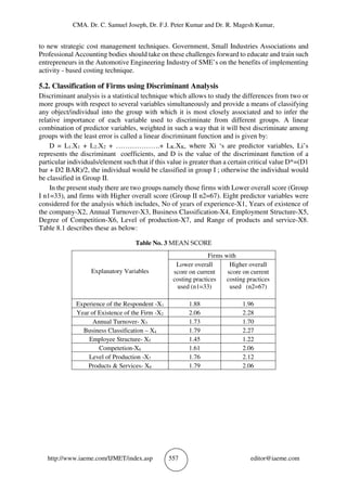 CMA. Dr. C. Samuel Joseph, Dr. F.J. Peter Kumar and Dr. R. Magesh Kumar,
http://www.iaeme.com/IJMET/index.asp 557 editor@iaeme.com
to new strategic cost management techniques. Government, Small Industries Associations and
Professional Accounting bodies should take on these challenges forward to educate and train such
entrepreneurs in the Automotive Engineering Industry of SME’s on the benefits of implementing
activity - based costing technique.
5.2. Classification of Firms using Discriminant Analysis
Discriminant analysis is a statistical technique which allows to study the differences from two or
more groups with respect to several variables simultaneously and provide a means of classifying
any object/individual into the group with which it is most closely associated and to infer the
relative importance of each variable used to discriminate from different groups. A linear
combination of predictor variables, weighted in such a way that it will best discriminate among
groups with the least error is called a linear discriminant function and is given by:
D = L1.X1 + L2.X2 + ……………….+ LK.XK, where Xi ‘s are predictor variables, Li’s
represents the discriminant coefficients, and D is the value of the discriminant function of a
particular individuals/element such that if this value is greater than a certain critical value D*=(D1
bar + D2 BAR)/2, the individual would be classified in group I ; otherwise the individual would
be classified in Group II.
In the present study there are two groups namely those firms with Lower overall score (Group
I n1=33), and firms with Higher overall score (Group II n2=67). Eight predictor variables were
considered for the analysis which includes, No of years of experience-X1, Years of existence of
the company-X2, Annual Turnover-X3, Business Classification-X4, Employment Structure-X5,
Degree of Competition-X6, Level of production-X7, and Range of products and service-X8.
Table 8.1 describes these as below:
Table No. 3 MEAN SCORE
Explanatory Variables
Firms with
Lower overall
score on current
costing practices
used (n1=33)
Higher overall
score on current
costing practices
used (n2=67)
Experience of the Respondent -X1 1.88 1.96
Year of Existence of the Firm -X2 2.06 2.28
Annual Turnover- X3 1.73 1.70
Business Classification – X4 1.79 2.27
Employee Structure- X5 1.45 1.22
Competetion-X6 1.61 2.06
Level of Production -X7 1.76 2.12
Products & Services- X8 1.79 2.06
 
