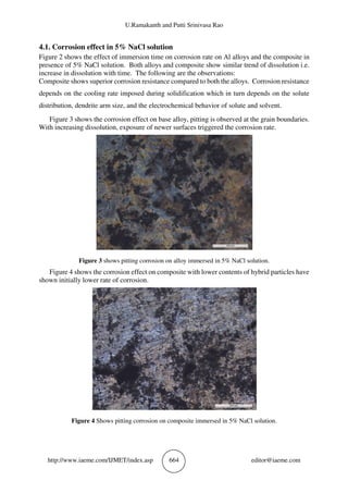 U.Ramakanth and Putti Srinivasa Rao
http://www.iaeme.com/IJMET/index.asp 664 editor@iaeme.com
4.1. Corrosion effect in 5% NaCl solution
Figure 2 shows the effect of immersion time on corrosion rate on Al alloys and the composite in
presence of 5% NaCl solution. Both alloys and composite show similar trend of dissolution i.e.
increase in dissolution with time. The following are the observations:
Composite shows superior corrosion resistance compared to both the alloys. Corrosion resistance
depends on the cooling rate imposed during solidification which in turn depends on the solute
distribution, dendrite arm size, and the electrochemical behavior of solute and solvent.
Figure 3 shows the corrosion effect on base alloy, pitting is observed at the grain boundaries.
With increasing dissolution, exposure of newer surfaces triggered the corrosion rate.
Figure 3 shows pitting corrosion on alloy immersed in 5% NaCl solution.
Figure 4 shows the corrosion effect on composite with lower contents of hybrid particles have
shown initially lower rate of corrosion.
Figure 4 Shows pitting corrosion on composite immersed in 5% NaCl solution.
 