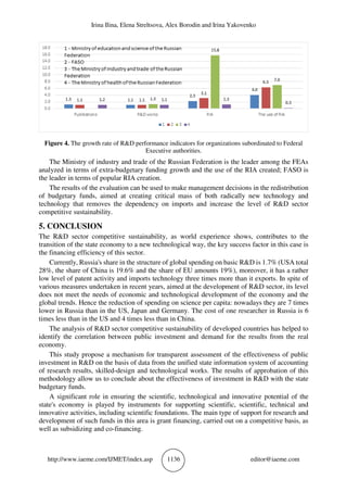Irina Ilina, Elena Streltsova, Alex Borodin and Irina Yakovenko
http://www.iaeme.com/IJMET/index.asp 1136 editor@iaeme.com
Figure 4. The growth rate of R&D performance indicators for organizations subordinated to Federal
Executive authorities.
The Ministry of industry and trade of the Russian Federation is the leader among the FEAs
analyzed in terms of extra-budgetary funding growth and the use of the RIA created; FASO is
the leader in terms of popular RIA creation.
The results of the evaluation can be used to make management decisions in the redistribution
of budgetary funds, aimed at creating critical mass of both radically new technology and
technology that removes the dependency on imports and increase the level of R&D sector
competitive sustainability.
5. CONCLUSION
The R&D sector competitive sustainability, as world experience shows, contributes to the
transition of the state economy to a new technological way, the key success factor in this case is
the financing efficiency of this sector.
Currently, Russia's share in the structure of global spending on basic R&D is 1.7% (USA total
28%, the share of China is 19.6% and the share of EU amounts 19%), moreover, it has a rather
low level of patent activity and imports technology three times more than it exports. In spite of
various measures undertaken in recent years, aimed at the development of R&D sector, its level
does not meet the needs of economic and technological development of the economy and the
global trends. Hence the reduction of spending on science per capita: nowadays they are 7 times
lower in Russia than in the US, Japan and Germany. The cost of one researcher in Russia is 6
times less than in the US and 4 times less than in China.
The analysis of R&D sector competitive sustainability of developed countries has helped to
identify the correlation between public investment and demand for the results from the real
economy.
This study propose a mechanism for transparent assessment of the effectiveness of public
investment in R&D on the basis of data from the unified state information system of accounting
of research results, skilled-design and technological works. The results of approbation of this
methodology allow us to conclude about the effectiveness of investment in R&D with the state
budgetary funds.
A significant role in ensuring the scientific, technological and innovative potential of the
state's economy is played by instruments for supporting scientific, scientific, technical and
innovative activities, including scientific foundations. The main type of support for research and
development of such funds in this area is grant financing, carried out on a competitive basis, as
well as subsidizing and co-financing.
 
