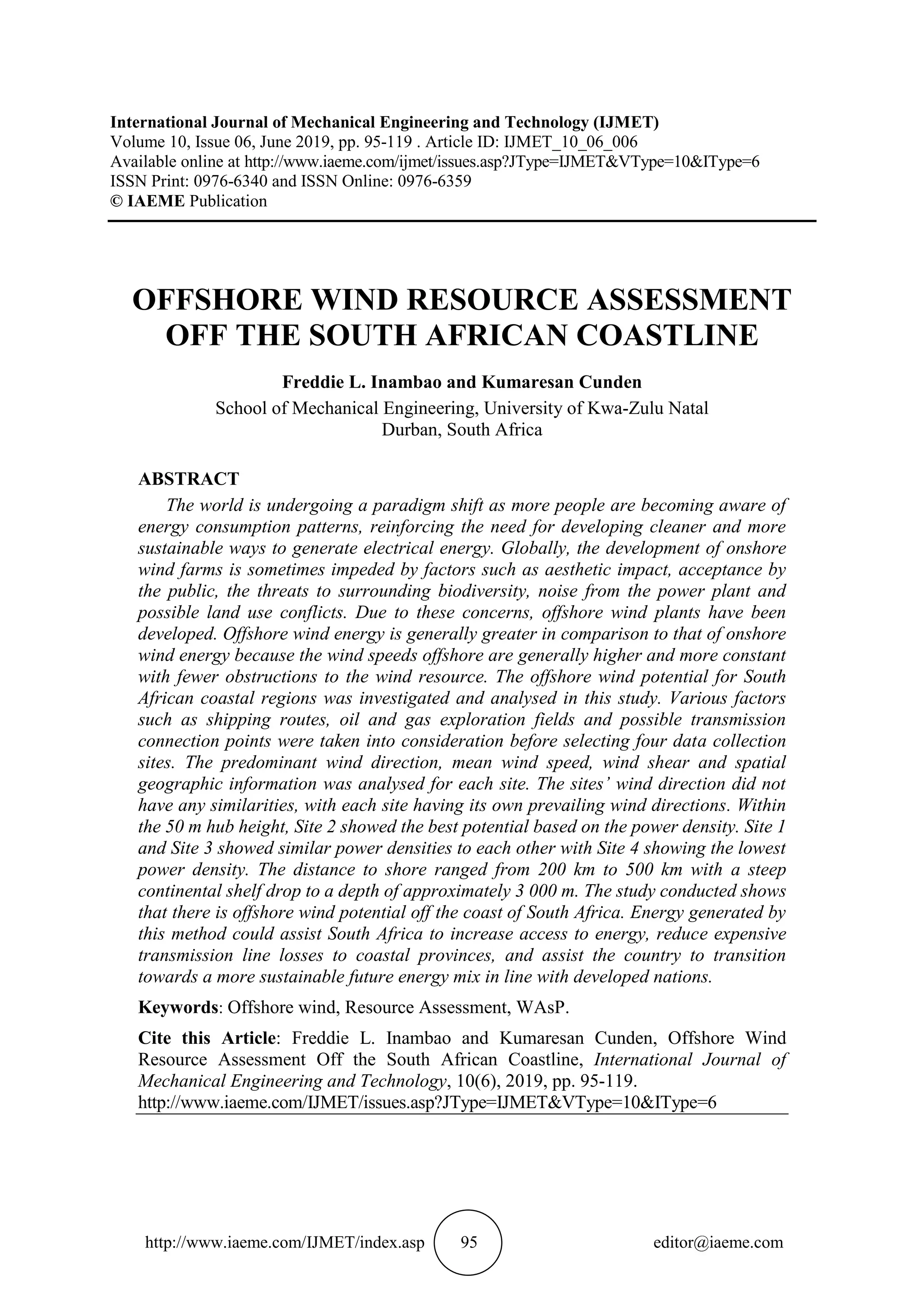 OFFSHORE WIND RESOURCE ASSESSMENT OFF THE SOUTH AFRICAN COASTLINE | PDF