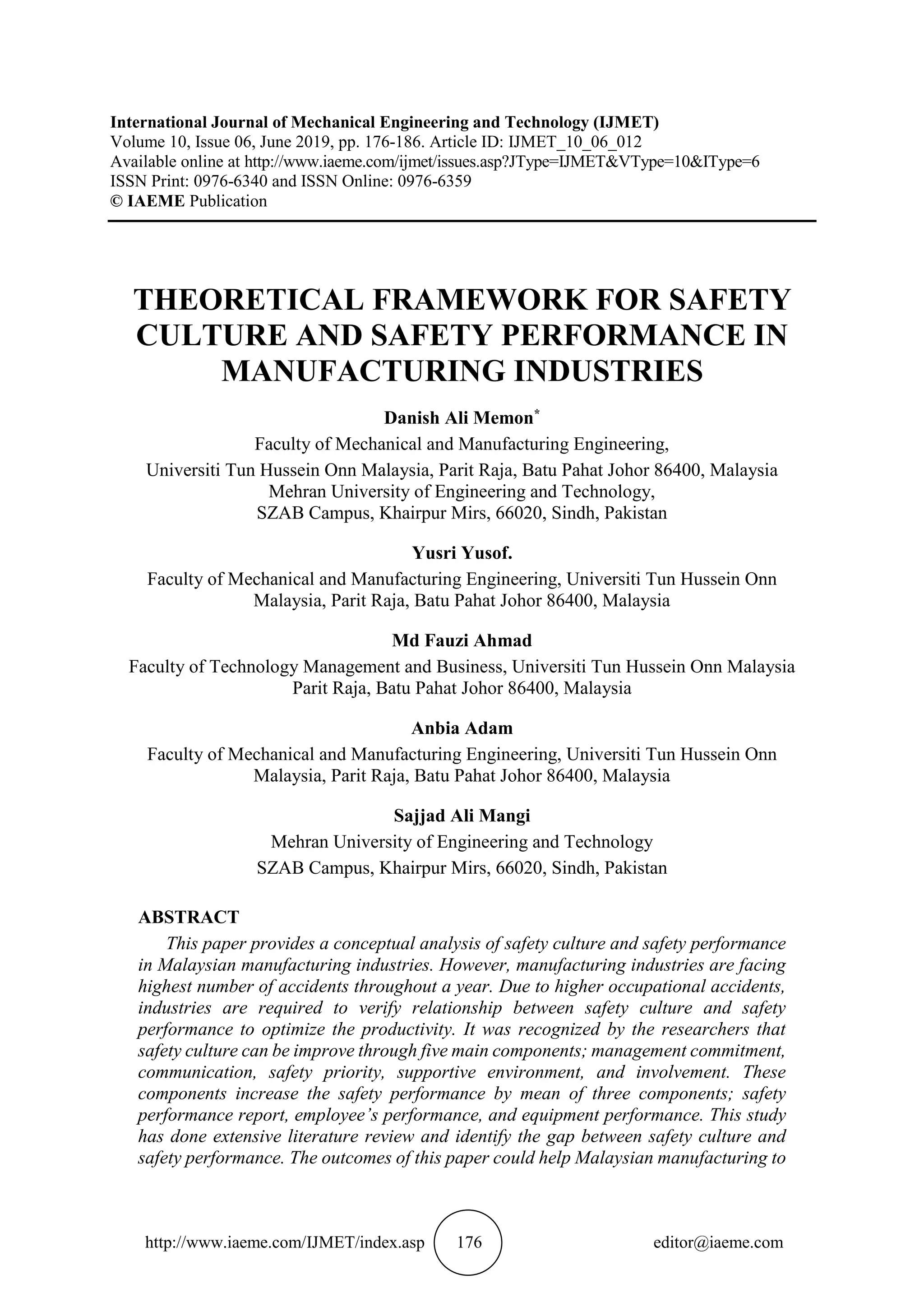 THEORETICAL FRAMEWORK FOR SAFETY CULTURE AND SAFETY PERFORMANCE IN ...