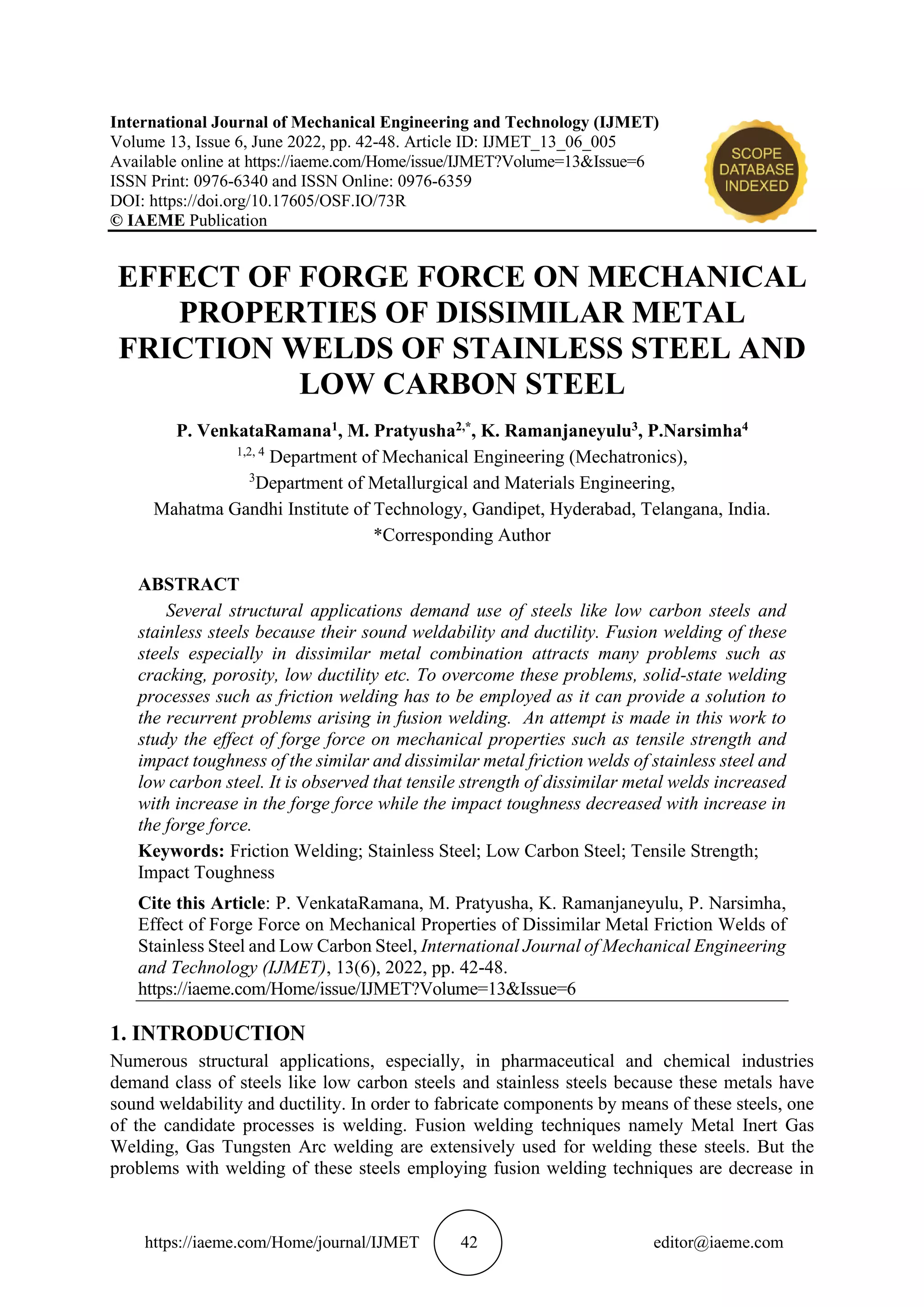 EFFECT OF FORCE ON MECHANICAL PROPERTIES OF DISSIMILAR METAL
