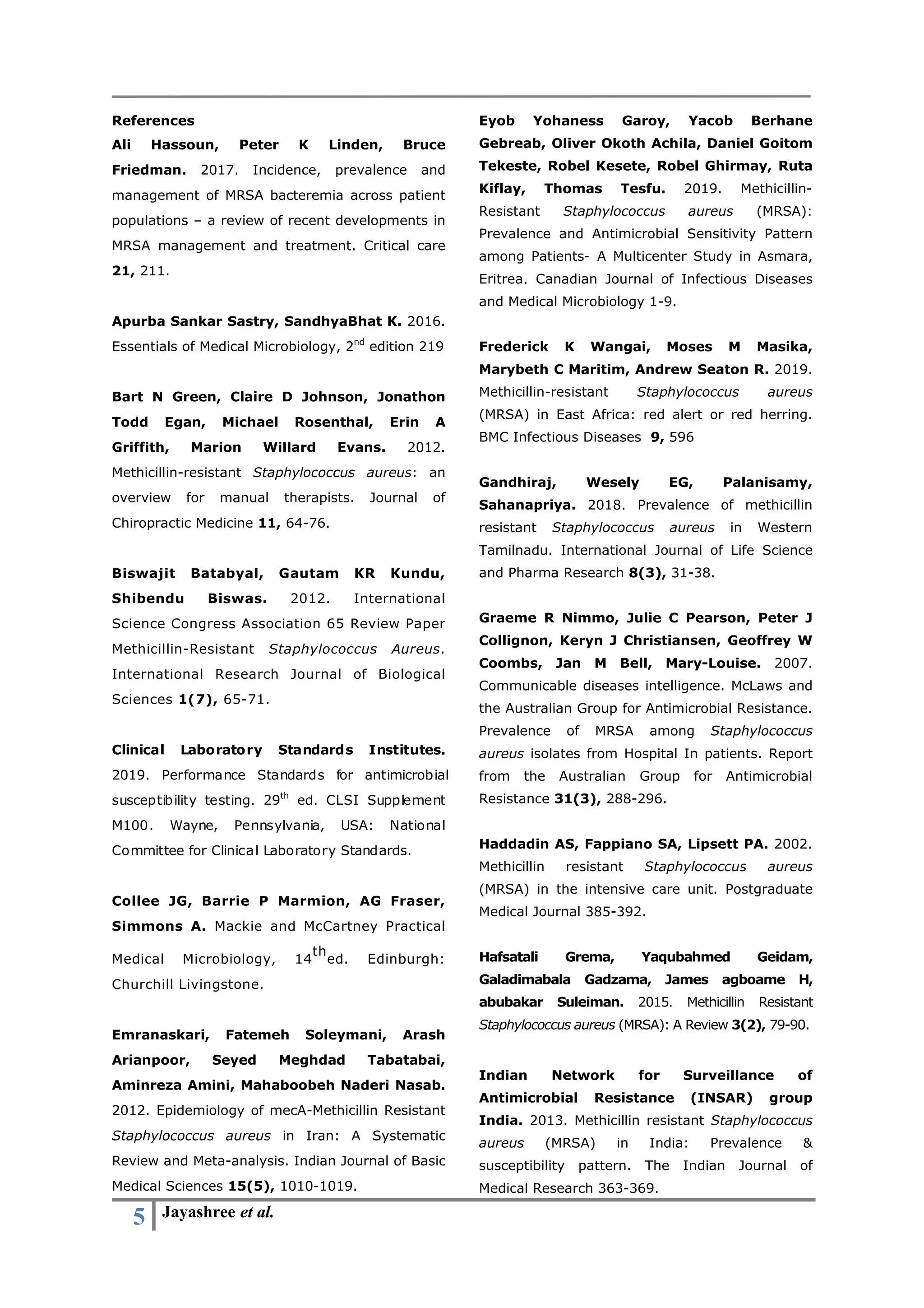 5 Jayashree et al.
References
Ali Hassoun, Peter K Linden, Bruce
Friedman. 2017. Incidence, prevalence and
management of MRSA bacteremia across patient
populations – a review of recent developments in
MRSA management and treatment. Critical care
21, 211.
Apurba Sankar Sastry, SandhyaBhat K. 2016.
Essentials of Medical Microbiology, 2nd
edition 219
Bart N Green, Claire D Johnson, Jonathon
Todd Egan, Michael Rosenthal, Erin A
Griffith, Marion Willard Evans. 2012.
Methicillin-resistant Staphylococcus aureus: an
overview for manual therapists. Journal of
Chiropractic Medicine 11, 64-76.
Biswajit Batabyal, Gautam KR Kundu,
Shibendu Biswas. 2012. International
Science Congress Association 65 Review Paper
Methicillin-Resistant Staphylococcus Aureus.
International Research Journal of Biological
Sciences 1(7), 65-71.
Clinical Laboratory Standards Institutes.
2019. Performance Standards for antimicrobial
susceptibility testing. 29th
ed. CLSI Supplement
M100. Wayne, Pennsylvania, USA: National
Committee for Clinical Laboratory Standards.
Collee JG, Barrie P Marmion, AG Fraser,
Simmons A. Mackie and McCartney Practical
Medical Microbiology, 14
th
ed. Edinburgh:
Churchill Livingstone.
Emranaskari, Fatemeh Soleymani, Arash
Arianpoor, Seyed Meghdad Tabatabai,
Aminreza Amini, Mahaboobeh Naderi Nasab.
2012. Epidemiology of mecA-Methicillin Resistant
Staphylococcus aureus in Iran: A Systematic
Review and Meta-analysis. Indian Journal of Basic
Medical Sciences 15(5), 1010-1019.
Eyob Yohaness Garoy, Yacob Berhane
Gebreab, Oliver Okoth Achila, Daniel Goitom
Tekeste, Robel Kesete, Robel Ghirmay, Ruta
Kiflay, Thomas Tesfu. 2019. Methicillin-
Resistant Staphylococcus aureus (MRSA):
Prevalence and Antimicrobial Sensitivity Pattern
among Patients- A Multicenter Study in Asmara,
Eritrea. Canadian Journal of Infectious Diseases
and Medical Microbiology 1-9.
Frederick K Wangai, Moses M Masika,
Marybeth C Maritim, Andrew Seaton R. 2019.
Methicillin-resistant Staphylococcus aureus
(MRSA) in East Africa: red alert or red herring.
BMC Infectious Diseases 9, 596
Gandhiraj, Wesely EG, Palanisamy,
Sahanapriya. 2018. Prevalence of methicillin
resistant Staphylococcus aureus in Western
Tamilnadu. International Journal of Life Science
and Pharma Research 8(3), 31-38.
Graeme R Nimmo, Julie C Pearson, Peter J
Collignon, Keryn J Christiansen, Geoffrey W
Coombs, Jan M Bell, Mary-Louise. 2007.
Communicable diseases intelligence. McLaws and
the Australian Group for Antimicrobial Resistance.
Prevalence of MRSA among Staphylococcus
aureus isolates from Hospital In patients. Report
from the Australian Group for Antimicrobial
Resistance 31(3), 288-296.
Haddadin AS, Fappiano SA, Lipsett PA. 2002.
Methicillin resistant Staphylococcus aureus
(MRSA) in the intensive care unit. Postgraduate
Medical Journal 385-392.
Hafsatali Grema, Yaqubahmed Geidam,
Galadimabala Gadzama, James agboame H,
abubakar Suleiman. 2015. Methicillin Resistant
Staphylococcus aureus (MRSA): A Review 3(2), 79-90.
Indian Network for Surveillance of
Antimicrobial Resistance (INSAR) group
India. 2013. Methicillin resistant Staphylococcus
aureus (MRSA) in India: Prevalence &
susceptibility pattern. The Indian Journal of
Medical Research 363-369.
 