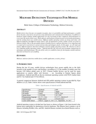 International Journal of Mobile Network Communications & Telematics ( IJMNCT) Vol.7, No.4/5/6, December 2017
DOI : 10.5121/ijmnct.2017.7601 1
MALWARE DETECTION TECHNIQUES FOR MOBILE
DEVICES
Belal Amro, College of Information Technology, Hebron University
ABSTRACT
Mobile devices have become very popular nowadays, due to is portability and high performance, a mobile
device became a must device for persons using information and communication technologies. In addition to
hardware rapid evolution, mobile applications are also increasing in their complexity and performance to
cover most the needs of their users. Both software and hardware design focused on increasing performance
and the working hours of a mobile device. Different mobile operating systems are being used today with
different platforms and different market shares. Like all information systems, mobile systems are prone to
malware attacks. Due to the personality feature of mobile devices, malware detection is very important and
is a must tool in each device to protect private data and mitigate attacks. In this paper, we will study and
analyze different malware detection techniques used for mobile operating systems. We will focus on the to
two competing mobile operating systems – Android and iOS. We will asset each technique summarizing its
advantages and disadvantages. The aim of the work is to establish a basis for developing a mobile malware
detection tool based on user profiling.
KEYWORDS
Malware, malware detection, mobile device, mobile application, security, privacy
1. INTRODUCTION
During the last 10 years, mobile devices technologies have grown rapidly due to the daily
increase in the number of users and facilities, according to [ 1], the number of mobile users has
become 4.92 billion global users in 2017. Current mobile devices can be used for many
applications as camera, tablet, web browser, … etc. According to Gartner figures about
smartphones, Android and iOS are the two dominant operating systems with 99.6% market share
and 81.7 for Android and 17.9 for iOS [2].
A general comparison between Android and iOS mobile operating systems in provided by Aijaz
sheikh et. al. [3]. Table 1 below shows some specifications of both android and iOS.
Table 1: Specifications of Android and iOS
Android operating system is divided into four layers as shown in Figure 1, the Linux kernel is the
bottom layer responsible for abstraction of device hardware. The libraries layer contains a set of
libraries including WebKit, Libc, and SSl. Android libraries includes Java-based libraries such as
 