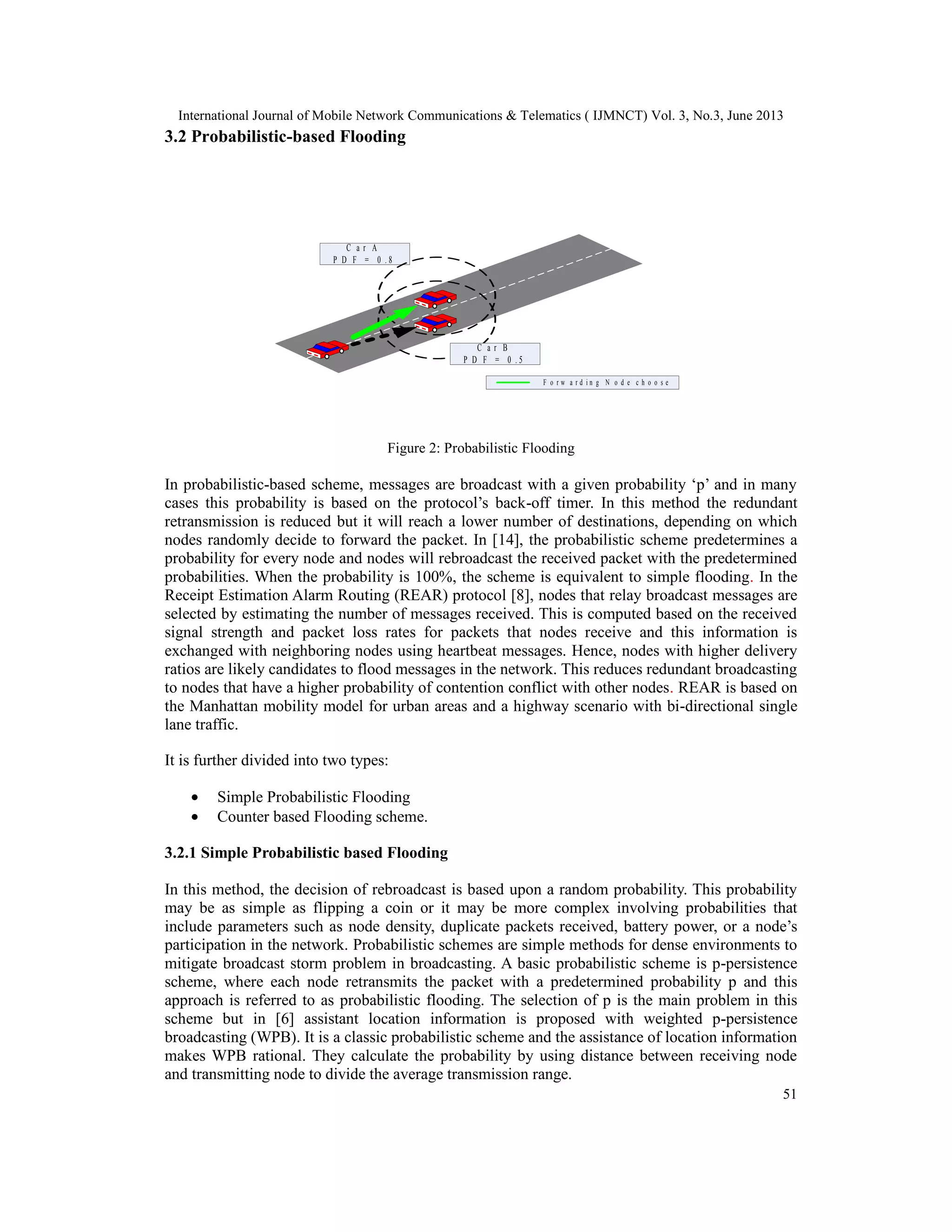 International Journal of Mobile Network Communications & Telematics ( IJMNCT) Vol. 3, No.3, June 2013
51
3.2 Probabilistic-based Flooding
Figure 2: Probabilistic Flooding
In probabilistic-based scheme, messages are broadcast with a given probability ‘p’ and in many
cases this probability is based on the protocol’s back-off timer. In this method the redundant
retransmission is reduced but it will reach a lower number of destinations, depending on which
nodes randomly decide to forward the packet. In [14], the probabilistic scheme predetermines a
probability for every node and nodes will rebroadcast the received packet with the predetermined
probabilities. When the probability is 100%, the scheme is equivalent to simple flooding. In the
Receipt Estimation Alarm Routing (REAR) protocol [8], nodes that relay broadcast messages are
selected by estimating the number of messages received. This is computed based on the received
signal strength and packet loss rates for packets that nodes receive and this information is
exchanged with neighboring nodes using heartbeat messages. Hence, nodes with higher delivery
ratios are likely candidates to flood messages in the network. This reduces redundant broadcasting
to nodes that have a higher probability of contention conflict with other nodes. REAR is based on
the Manhattan mobility model for urban areas and a highway scenario with bi-directional single
lane traffic.
It is further divided into two types:
• Simple Probabilistic Flooding
• Counter based Flooding scheme.
3.2.1 Simple Probabilistic based Flooding
In this method, the decision of rebroadcast is based upon a random probability. This probability
may be as simple as flipping a coin or it may be more complex involving probabilities that
include parameters such as node density, duplicate packets received, battery power, or a node’s
participation in the network. Probabilistic schemes are simple methods for dense environments to
mitigate broadcast storm problem in broadcasting. A basic probabilistic scheme is p-persistence
scheme, where each node retransmits the packet with a predetermined probability p and this
approach is referred to as probabilistic flooding. The selection of p is the main problem in this
scheme but in [6] assistant location information is proposed with weighted p-persistence
broadcasting (WPB). It is a classic probabilistic scheme and the assistance of location information
makes WPB rational. They calculate the probability by using distance between receiving node
and transmitting node to divide the average transmission range.
C a r A
P D F = 0 . 8
C a r B
P D F = 0 . 5
F o r w a r d i n g N o d e c h o o s e
 