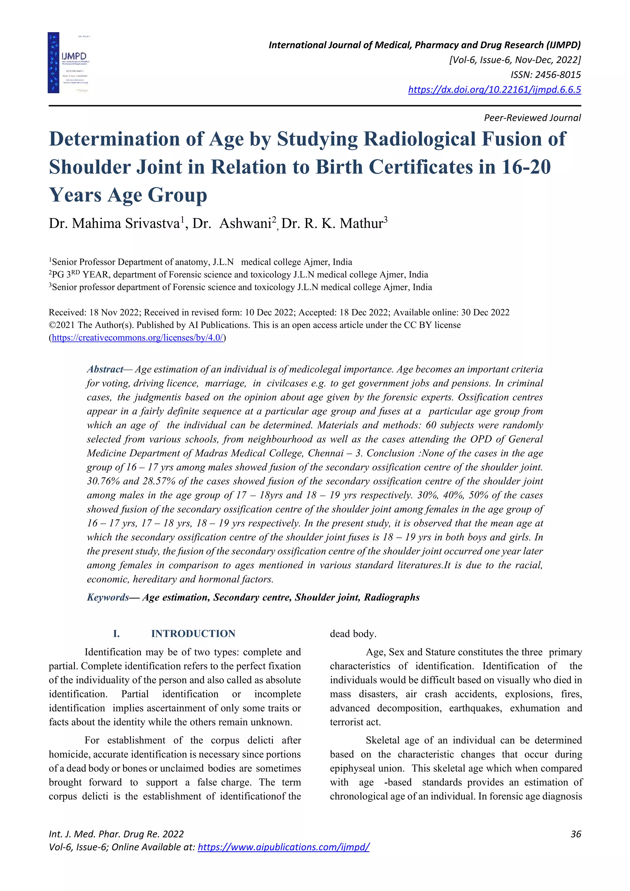 Determination of Age by Studying Radiological Fusion of Shoulder Joint ...