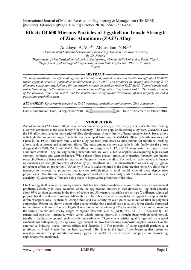 Effects Of 600 Microns Particles of Eggshell on Tensile Strength of