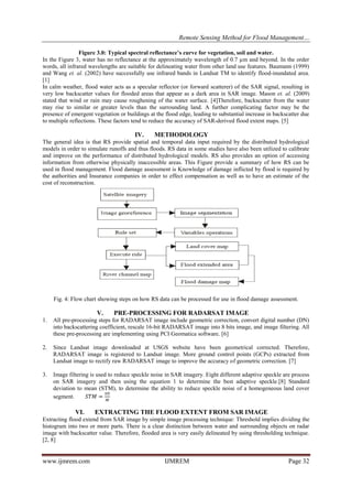 Remote Sensing Method for Flood Management…
www.ijmrem.com IJMREM Page 32
Figure 3.0: Typical spectral reflectance’s curve for vegetation, soil and water.
In the Figure 3, water has no reflectance at the approximately wavelength of 0.7 µm and beyond. In the order
words, all infrared wavelengths are suitable for delineating water from other land use features. Baumann (1999)
and Wang et. al. (2002) have successfully use infrared bands in Landsat TM to identify flood-inundated area.
[1]
In calm weather, flood water acts as a specular reflector (or forward scatterer) of the SAR signal, resulting in
very low backscatter values for flooded areas that appear as a dark area in SAR image. Mason et. al. (2009)
stated that wind or rain may cause roughening of the water surface. [4]Therefore, backscatter from the water
may rise to similar or greater levels than the surrounding land. A further complicating factor may be the
presence of emergent vegetation or buildings at the flood edge, leading to substantial increase in backscatter due
to multiple reflections. These factors tend to reduce the accuracy of SAR-derived flood extent maps. [5]
IV. METHODOLOGY
The general idea is that RS provide spatial and temporal data input required by the distributed hydrological
models in order to simulate runoffs and thus floods. RS data in some studies have also been utilized to calibrate
and improve on the performance of distributed hydrological models. RS also provides an option of accessing
information from otherwise physically inaccessible areas. This Figure provide a summary of how RS can be
used in flood management. Flood damage assessment is Knowledge of damage inflicted by flood is required by
the authorities and Insurance companies in order to effect compensation as well as to have an estimate of the
cost of reconstruction.
Fig. 4: Flow chart showing steps on how RS data can be processed for use in flood damage assessment.
V. PRE-PROCESSING FOR RADARSAT IMAGE
1. All pre-processing steps for RADARSAT image include geometric correction, convert digital number (DN)
into backscattering coefficient, rescale 16-bit RADARSAT image into 8 bits image, and image filtering. All
these pre-processing are implementing using PCI Geomatica software. [6]
2. Since Landsat image downloaded at USGS website have been geometrical corrected. Therefore,
RADARSAT image is registered to Landsat image. More ground control points (GCPs) extracted from
Landsat image to rectify raw RADARSAT image to improve the accuracy of geometric correction. [7]
3. Image filtering is used to reduce speckle noise in SAR imagery. Eight different adaptive speckle are process
on SAR imagery and then using the equation 1 to determine the best adaptive speckle.[8] Standard
deviation to mean (STM), to determine the ability to reduce speckle noise of a homogeneous land cover
segment. 𝑆𝑇𝑀 =
𝑆𝐷
𝑀
VI. EXTRACTING THE FLOOD EXTENT FROM SAR IMAGE
Extracting flood extend from SAR image by simple image processing technique: Threshold implies dividing the
histogram into two or more parts. There is a clear distinction between water and surrounding objects on radar
image with backscatter value. Therefore, flooded area is very easily delineated by using thresholding technique.
[2, 8]
 