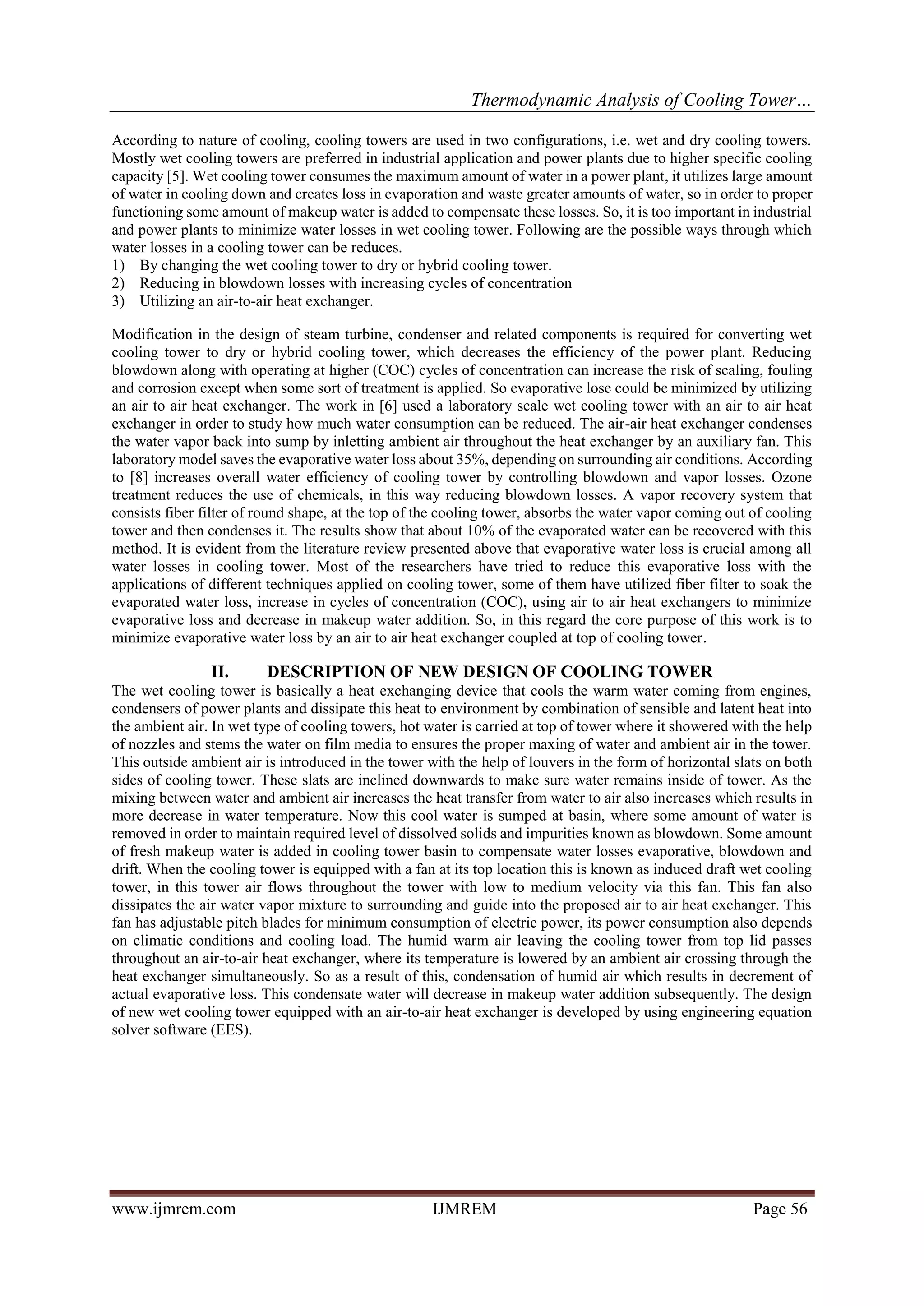 Thermodynamic Analysis of Cooling Tower with Air to Air Heat Exchanger ...