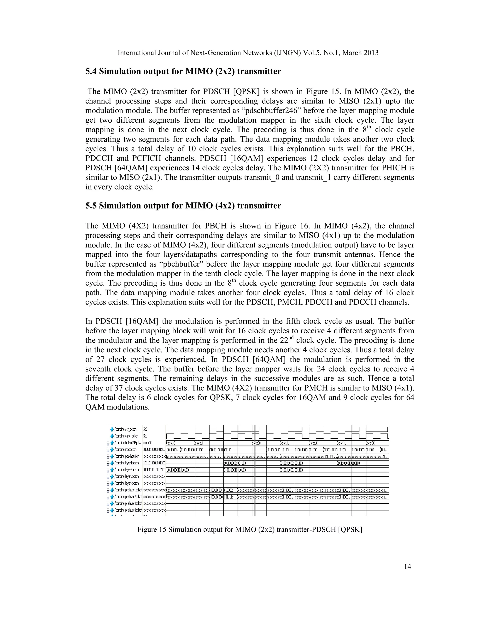 International Journal of Next-Generation Networks (IJNGN) Vol.5, No.1, March 2013

5.4 Simulation output for MIMO (2x2) transmitter

 The MIMO (2x2) transmitter for PDSCH [QPSK] is shown in Figure 15. In MIMO (2x2), the
channel processing steps and their corresponding delays are similar to MISO (2x1) upto the
modulation module. The buffer represented as “pdschbuffer246” before the layer mapping module
get two different segments from the modulation mapper in the sixth clock cycle. The layer
mapping is done in the next clock cycle. The precoding is thus done in the 8th clock cycle
generating two segments for each data path. The data mapping module takes another two clock
cycles. Thus a total delay of 10 clock cycles exists. This explanation suits well for the PBCH,
PDCCH and PCFICH channels. PDSCH [16QAM] experiences 12 clock cycles delay and for
PDSCH [64QAM] experiences 14 clock cycles delay. The MIMO (2X2) transmitter for PHICH is
similar to MISO (2x1). The transmitter outputs transmit_0 and transmit_1 carry different segments
in every clock cycle.

5.5 Simulation output for MIMO (4x2) transmitter

The MIMO (4X2) transmitter for PBCH is shown in Figure 16. In MIMO (4x2), the channel
processing steps and their corresponding delays are similar to MISO (4x1) up to the modulation
module. In the case of MIMO (4x2), four different segments (modulation output) have to be layer
mapped into the four layers/datapaths corresponding to the four transmit antennas. Hence the
buffer represented as “pbchbuffer” before the layer mapping module get four different segments
from the modulation mapper in the tenth clock cycle. The layer mapping is done in the next clock
cycle. The precoding is thus done in the 8th clock cycle generating four segments for each data
path. The data mapping module takes another four clock cycles. Thus a total delay of 16 clock
cycles exists. This explanation suits well for the PDSCH, PMCH, PDCCH and PDCCH channels.

In PDSCH [16QAM] the modulation is performed in the fifth clock cycle as usual. The buffer
before the layer mapping block will wait for 16 clock cycles to receive 4 different segments from
the modulator and the layer mapping is performed in the 22nd clock cycle. The precoding is done
in the next clock cycle. The data mapping module needs another 4 clock cycles. Thus a total delay
of 27 clock cycles is experienced. In PDSCH [64QAM] the modulation is performed in the
seventh clock cycle. The buffer before the layer mapper waits for 24 clock cycles to receive 4
different segments. The remaining delays in the successive modules are as such. Hence a total
delay of 37 clock cycles exists. The MIMO (4X2) transmitter for PMCH is similar to MISO (4x1).
The total delay is 6 clock cycles for QPSK, 7 clock cycles for 16QAM and 9 clock cycles for 64
QAM modulations.




               Figure 15 Simulation output for MIMO (2x2) transmitter-PDSCH [QPSK]



                                                                                             14
 