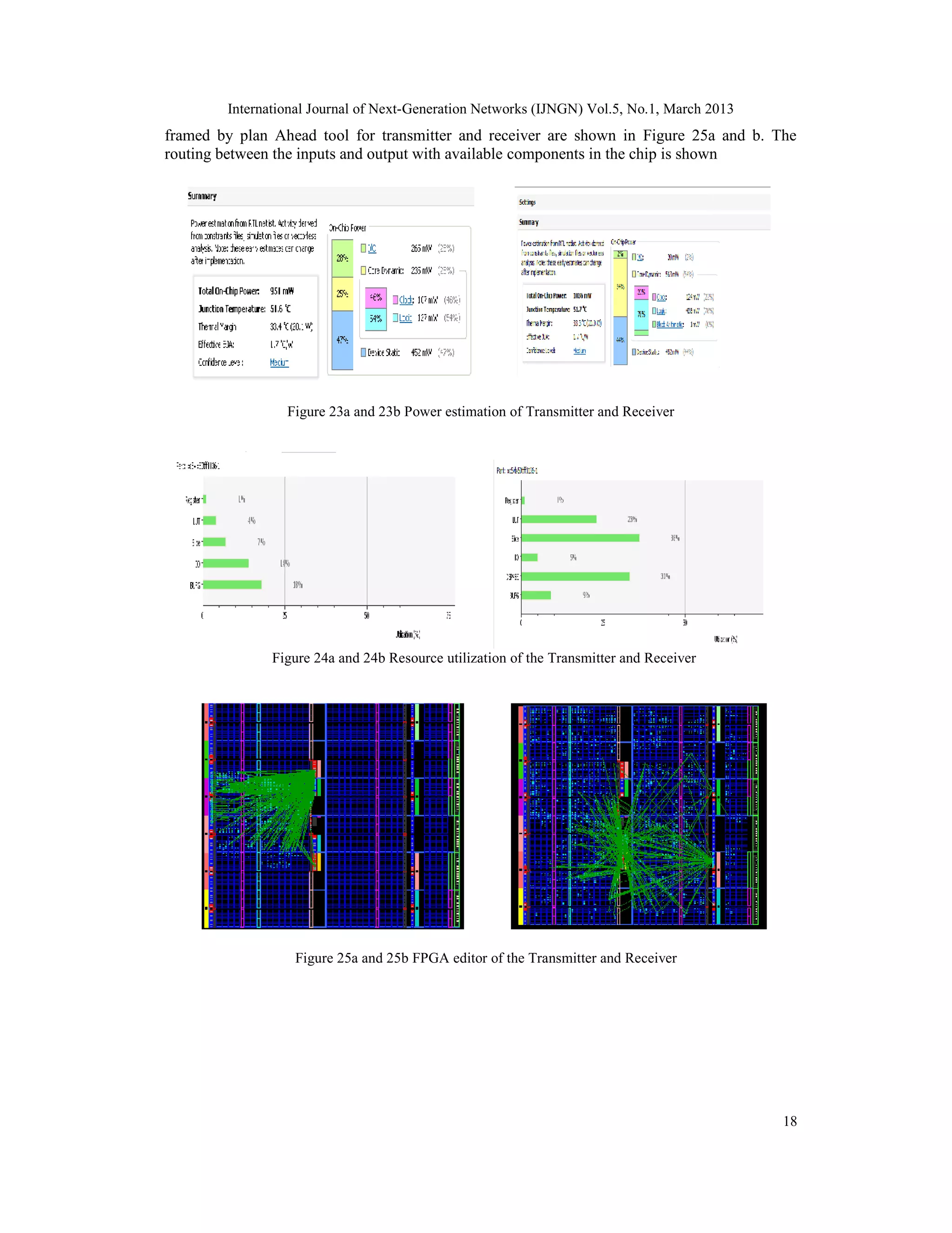 International Journal of Next-Generation Networks (IJNGN) Vol.5, No.1, March 2013
framed by plan Ahead tool for transmitter and receiver are shown in Figure 25a and b. The
routing between the inputs and output with available components in the chip is shown




                 Figure 23a and 23b Power estimation of Transmitter and Receiver




               Figure 24a and 24b Resource utilization of the Transmitter and Receiver




                  Figure 25a and 25b FPGA editor of the Transmitter and Receiver




                                                                                            18
 