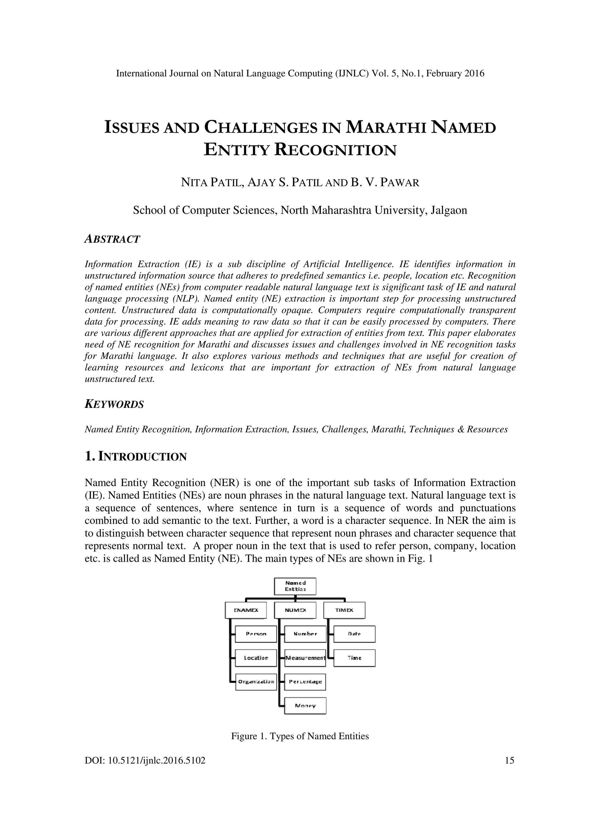 International Journal on Natural Language Computing (IJNLC) Vol. 5, No.1, February 2016
DOI: 10.5121/ijnlc.2016.5102 15
ISSUES AND CHALLENGES IN MARATHI NAMED
ENTITY RECOGNITION
NITA PATIL, AJAY S. PATIL AND B. V. PAWAR
School of Computer Sciences, North Maharashtra University, Jalgaon
ABSTRACT
Information Extraction (IE) is a sub discipline of Artificial Intelligence. IE identifies information in
unstructured information source that adheres to predefined semantics i.e. people, location etc. Recognition
of named entities (NEs) from computer readable natural language text is significant task of IE and natural
language processing (NLP). Named entity (NE) extraction is important step for processing unstructured
content. Unstructured data is computationally opaque. Computers require computationally transparent
data for processing. IE adds meaning to raw data so that it can be easily processed by computers. There
are various different approaches that are applied for extraction of entities from text. This paper elaborates
need of NE recognition for Marathi and discusses issues and challenges involved in NE recognition tasks
for Marathi language. It also explores various methods and techniques that are useful for creation of
learning resources and lexicons that are important for extraction of NEs from natural language
unstructured text.
KEYWORDS
Named Entity Recognition, Information Extraction, Issues, Challenges, Marathi, Techniques & Resources
1. INTRODUCTION
Named Entity Recognition (NER) is one of the important sub tasks of Information Extraction
(IE). Named Entities (NEs) are noun phrases in the natural language text. Natural language text is
a sequence of sentences, where sentence in turn is a sequence of words and punctuations
combined to add semantic to the text. Further, a word is a character sequence. In NER the aim is
to distinguish between character sequence that represent noun phrases and character sequence that
represents normal text. A proper noun in the text that is used to refer person, company, location
etc. is called as Named Entity (NE). The main types of NEs are shown in Fig. 1
Figure 1. Types of Named Entities
 