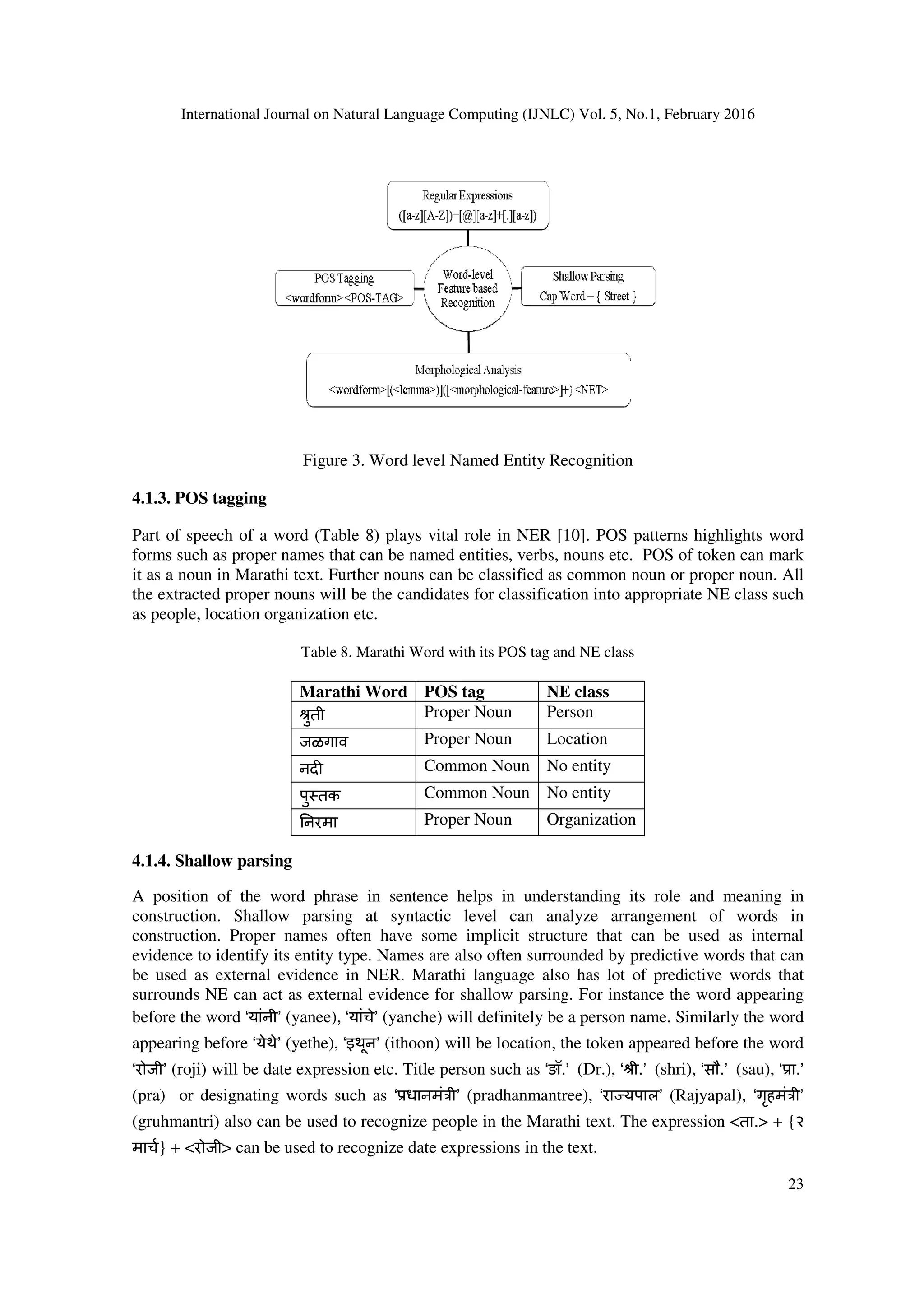 International Journal on Natural Language Computing (IJNLC) Vol. 5, No.1, February 2016
23
Figure 3. Word level Named Entity Recognition
4.1.3. POS tagging
Part of speech of a word (Table 8) plays vital role in NER [10]. POS patterns highlights word
forms such as proper names that can be named entities, verbs, nouns etc. POS of token can mark
it as a noun in Marathi text. Further nouns can be classified as common noun or proper noun. All
the extracted proper nouns will be the candidates for classification into appropriate NE class such
as people, location organization etc.
Table 8. Marathi Word with its POS tag and NE class
Marathi Word POS tag NE class
jुती Proper Noun Person
जळगाव Proper Noun Location
नद Common Noun No entity
पु तक Common Noun No entity
.नरमा Proper Noun Organization
4.1.4. Shallow parsing
A position of the word phrase in sentence helps in understanding its role and meaning in
construction. Shallow parsing at syntactic level can analyze arrangement of words in
construction. Proper names often have some implicit structure that can be used as internal
evidence to identify its entity type. Names are also often surrounded by predictive words that can
be used as external evidence in NER. Marathi language also has lot of predictive words that
surrounds NE can act as external evidence for shallow parsing. For instance the word appearing
before the word ‘यांनी’ (yanee), ‘यांचे’ (yanche) will definitely be a person name. Similarly the word
appearing before ‘येथे’ (yethe), ‘इथून’ (ithoon) will be location, the token appeared before the word
‘रोजी’ (roji) will be date expression etc. Title person such as ‘ङॉ.’ (Dr.), ‘jी.’ (shri), ‘सौ.’ (sau), ‘ ा.’
(pra) or designating words such as ‘ धानमंoी’ (pradhanmantree), ‘राRयपाल’ (Rajyapal), ‘गृहमंoी’
(gruhmantri) also can be used to recognize people in the Marathi text. The expression <ता.> + {२
माच} + <रोजी> can be used to recognize date expressions in the text.
 