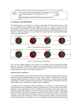 International Journal on Natural Language Computing (IJNLC) Vol.13, No.4, August 2024
5
Stance
Abortion
The tweet_eval_stance_abortion dataset is used to deduce a text
stance regarding abortion. It uses labeled tweets. [16]
Link:
https://huggingface.co/datasets/SetFit/tweet_eval_stance_aborti
on
0: None
1: Against
2: Favor
3.2. Datasets Label Distribution
The studied datasets are well-known as reference benchmarks for their specific use-case. They
are all available through hugging face dataset hub. Since we want to evaluate few-shot
classification on these datasets, we need to make sure that we have enough observations in each
class inside the training set to be able to study the model efficiency for different training set sizes.
Moreover, observing unbalance in test set labels can explain the future potential shift between
accuracy and precision/recall.
Figure 3. Training datasets label distribution
Figure 3. Testing datasets label distribution
First, we have enough samples in the training set to evaluate few-shot classification models.
However, AG News and IMDB test datasets are perfectly balanced in contrast to CoLA and
Emotion test datasets, so the accuracy measure can be biased in the latter case. Overall, we have
enough samples to compare several models’ performance.
Explored sentence transformers
In our benchmark study, we leveraged advanced sentence transformers initially trained to excel at
recognizing semantic similarity between sentences. These sentence transformers are built upon
language models pretrained on extensive text data, allowing them to capture intricate semantic
relationships. A pivotal component is the pooling layer, which condenses information within the
model's hidden states, producing meaningful sentence embeddings.
To identify the most promising sentence transformers, we initiated our selection process by
considering open-source benchmarks available on Hugging Face. We also considered the models'
parameter counts, ranging from as few as 22 million to several billion. Our primary focus is on
conducting a thorough comparison of the most promising small language models, emphasizing
their cost-efficiency and energy consumption. Another crucial factor to consider is the model's
licensing. Licenses that allow for potential commercial use are preferred, as they empower the
community and small businesses to compete with closed-source models and those operating
under proprietary licenses. According to a survey conducted by the Natural Language Processing
 