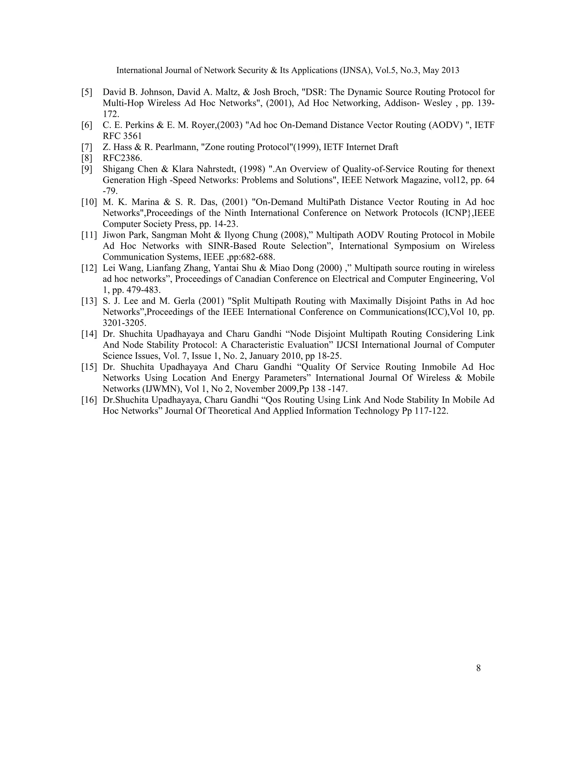 International Journal of Network Security & Its Applications (IJNSA), Vol.5, No.3, May 2013
8 
 
[5] David B. Johnson, David A. Maltz, & Josh Broch, "DSR: The Dynamic Source Routing Protocol for
Multi-Hop Wireless Ad Hoc Networks", (2001), Ad Hoc Networking, Addison- Wesley , pp. 139-
172.
[6] C. E. Perkins & E. M. Royer,(2003) "Ad hoc On-Demand Distance Vector Routing (AODV) ", IETF
RFC 3561
[7] Z. Hass & R. Pearlmann, "Zone routing Protocol"(1999), IETF Internet Draft
[8] RFC2386.
[9] Shigang Chen & Klara Nahrstedt, (1998) ".An Overview of Quality-of-Service Routing for thenext
Generation High -Speed Networks: Problems and Solutions", IEEE Network Magazine, vol12, pp. 64
-79.
[10] M. K. Marina & S. R. Das, (2001) "On-Demand MultiPath Distance Vector Routing in Ad hoc
Networks",Proceedings of the Ninth International Conference on Network Protocols (ICNP},IEEE
Computer Society Press, pp. 14-23.
[11] Jiwon Park, Sangman Moht & Ilyong Chung (2008),” Multipath AODV Routing Protocol in Mobile
Ad Hoc Networks with SINR-Based Route Selection”, International Symposium on Wireless
Communication Systems, IEEE ,pp:682-688.
[12] Lei Wang, Lianfang Zhang, Yantai Shu & Miao Dong (2000) ,” Multipath source routing in wireless
ad hoc networks”, Proceedings of Canadian Conference on Electrical and Computer Engineering, Vol
1, pp. 479-483.
[13] S. J. Lee and M. Gerla (2001) "Split Multipath Routing with Maximally Disjoint Paths in Ad hoc
Networks”,Proceedings of the IEEE International Conference on Communications(ICC),Vol 10, pp.
3201-3205.
[14] Dr. Shuchita Upadhayaya and Charu Gandhi “Node Disjoint Multipath Routing Considering Link
And Node Stability Protocol: A Characteristic Evaluation” IJCSI International Journal of Computer
Science Issues, Vol. 7, Issue 1, No. 2, January 2010, pp 18-25.
[15] Dr. Shuchita Upadhayaya And Charu Gandhi “Quality Of Service Routing Inmobile Ad Hoc
Networks Using Location And Energy Parameters” International Journal Of Wireless & Mobile
Networks (IJWMN), Vol 1, No 2, November 2009,Pp 138 -147.
[16] Dr.Shuchita Upadhayaya, Charu Gandhi “Qos Routing Using Link And Node Stability In Mobile Ad
Hoc Networks” Journal Of Theoretical And Applied Information Technology Pp 117-122.
 