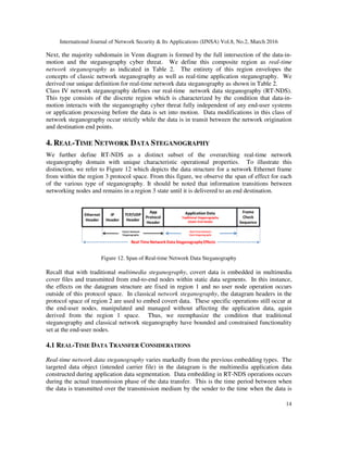 International Journal of Network Security & Its Applications (IJNSA) Vol.8, No.2, March 2016
14
Next, the majority subdomain in Venn diagram is formed by the full intersection of the data-in-
motion and the steganography cyber threat. We define this composite region as real-time
network steganography as indicated in Table 2. The entirety of this region envelopes the
concepts of classic network steganography as well as real-time application steganography. We
derived our unique definition for real-time network data steganography as shown in Table 2.
Class IV network steganography defines our real-time network data steganography (RT-NDS).
This type consists of the discrete region which is characterized by the condition that data-in-
motion interacts with the steganography cyber threat fully independent of any end-user systems
or application processing before the data is set into motion. Data modifications in this class of
network steganography occur strictly while the data is in transit between the network origination
and destination end points.
4. REAL-TIME NETWORK DATA STEGANOGRAPHY
We further define RT-NDS as a distinct subset of the overarching real-time network
steganography domain with unique characteristic operational properties. To illustrate this
distinction, we refer to Figure 12 which depicts the data structure for a network Ethernet frame
from within the region 3 protocol space. From this figure, we observe the span of effect for each
of the various type of steganography. It should be noted that information transitions between
networking nodes and remains in a region 3 state until it is delivered to an end destination.
Figure 12. Span of Real-time Network Data Steganography
Recall that with traditional multimedia steganography, covert data is embedded in multimedia
cover files and transmitted from end-to-end nodes within static data segments. In this instance,
the effects on the datagram structure are fixed in region 1 and no user node operation occurs
outside of this protocol space. In classical network steganography, the datagram headers in the
protocol space of region 2 are used to embed covert data. These specific operations still occur at
the end-user nodes, manipulated and managed without affecting the application data, again
derived from the region 1 space. Thus, we reemphasize the condition that traditional
steganography and classical network steganography have bounded and constrained functionality
set at the end-user nodes.
4.1 REAL-TIME DATA TRANSFER CONSIDERATIONS
Real-time network data steganography varies markedly from the previous embedding types. The
targeted data object (intended carrier file) in the datagram is the multimedia application data
constructed during application data segmentation. Data embedding in RT-NDS operations occurs
during the actual transmission phase of the data transfer. This is the time period between when
the data is transmitted over the transmission medium by the sender to the time when the data is
 