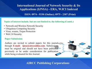 Call for Papers - International Journal of Network Security & Its Applications (IJNSA) - ERA, WJCI Indexed
