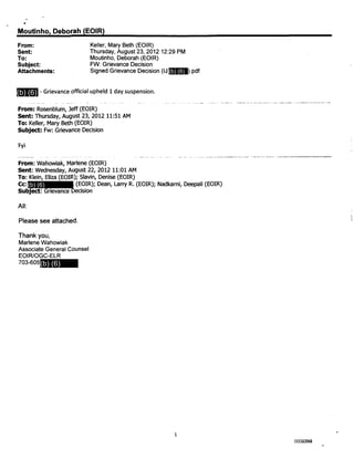 Moutinho, Deborah (EOIR)
From: Keller, Mary Beth (EOIR)
Sent: Thursday, August 23, 2012 12:29 PM
To: Moutinho, Deborah (EOIR)
Subject: FW: Grievance Decision
Attachments: Signed Grievance Decision (IJ .pdf
- Grievance official upheld 1 day suspension.
From: Rosenblum, Jeff (EOIR)
Sent: Thursday, August 23, 2012 11:51 AM
To: Keller, Mary Beth (EOIR)
Subject: Fw: Grievance Decision
Fyi
From: Wahowiak, Marlene (EOIR)
Sent: Wednesday, August 22, 2012 11:01 AM
To: Klein, Eliza (EOIR); Slavin, Denise (EOIR)
Cc: (EOIR); Dean, Larry R. (EOIR); Nadkarni, Deepali (EOIR)
Subject: Grievance Decision
All:
Please see attached.
Thank you,
Marlene Wahowiak
Associate General Counsel
EOIR/OGC-ELR
703-605
(b) (6)
(b) (6)
(b) (6)
(b) (6)
0000794002383002383
 