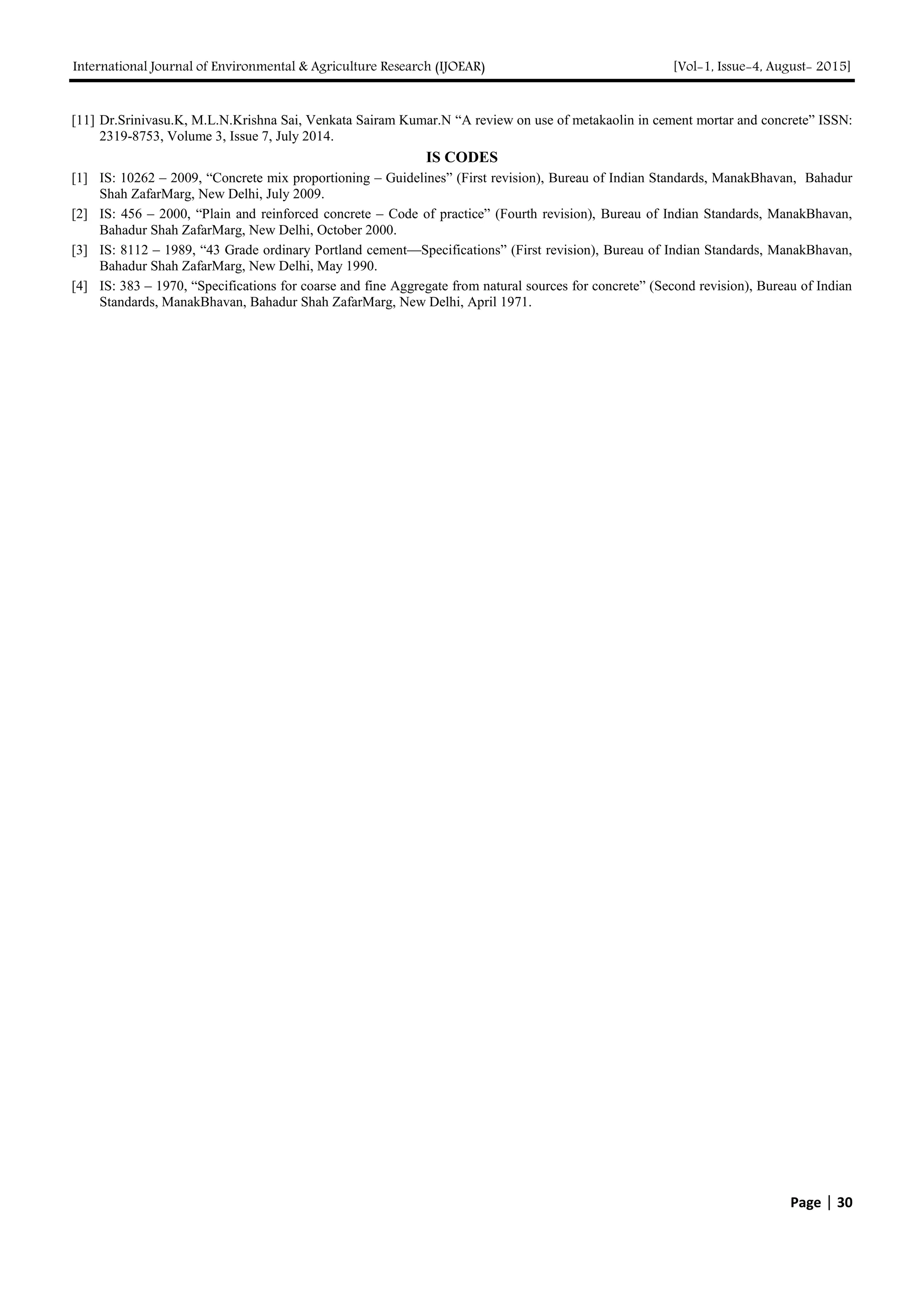 International Journal of Environmental & Agriculture Research (IJOEAR) [Vol-1, Issue-4, August- 2015]
Page | 30
[11] Dr.Srinivasu.K, M.L.N.Krishna Sai, Venkata Sairam Kumar.N “A review on use of metakaolin in cement mortar and concrete” ISSN:
2319-8753, Volume 3, Issue 7, July 2014.
IS CODES
[1] IS: 10262 – 2009, “Concrete mix proportioning – Guidelines” (First revision), Bureau of Indian Standards, ManakBhavan, Bahadur
Shah ZafarMarg, New Delhi, July 2009.
[2] IS: 456 – 2000, “Plain and reinforced concrete – Code of practice” (Fourth revision), Bureau of Indian Standards, ManakBhavan,
Bahadur Shah ZafarMarg, New Delhi, October 2000.
[3] IS: 8112 – 1989, “43 Grade ordinary Portland cement—Specifications” (First revision), Bureau of Indian Standards, ManakBhavan,
Bahadur Shah ZafarMarg, New Delhi, May 1990.
[4] IS: 383 – 1970, “Specifications for coarse and fine Aggregate from natural sources for concrete” (Second revision), Bureau of Indian
Standards, ManakBhavan, Bahadur Shah ZafarMarg, New Delhi, April 1971.
 