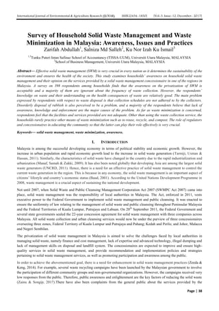 Survey of Household Solid Waste Management and Waste Minimization in ...