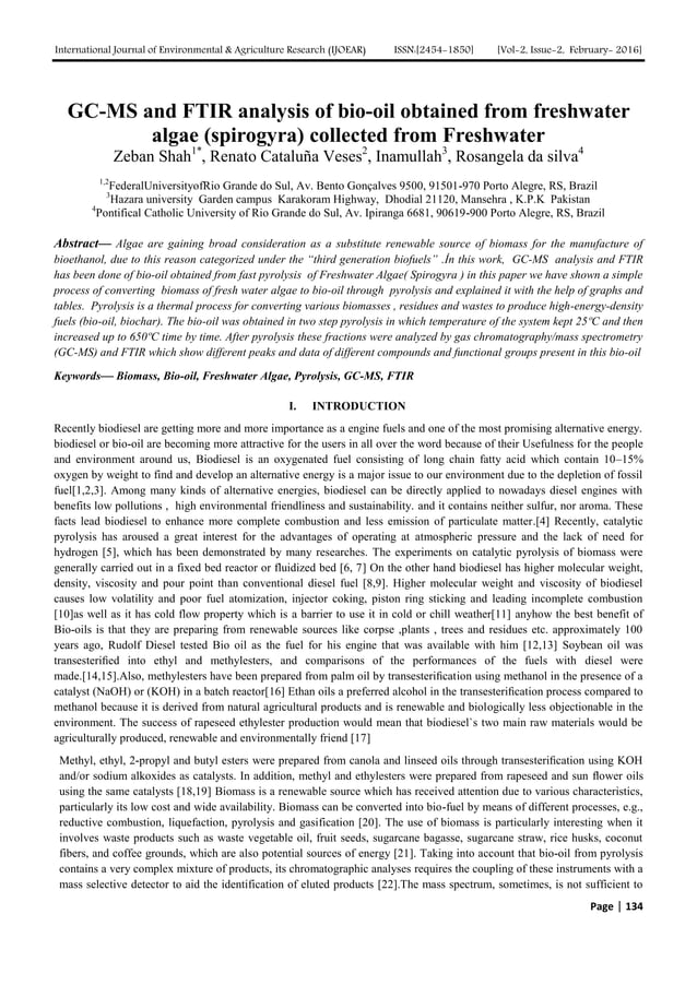 GC-MS and FTIR analysis of bio-oil obtained from freshwater algae ...