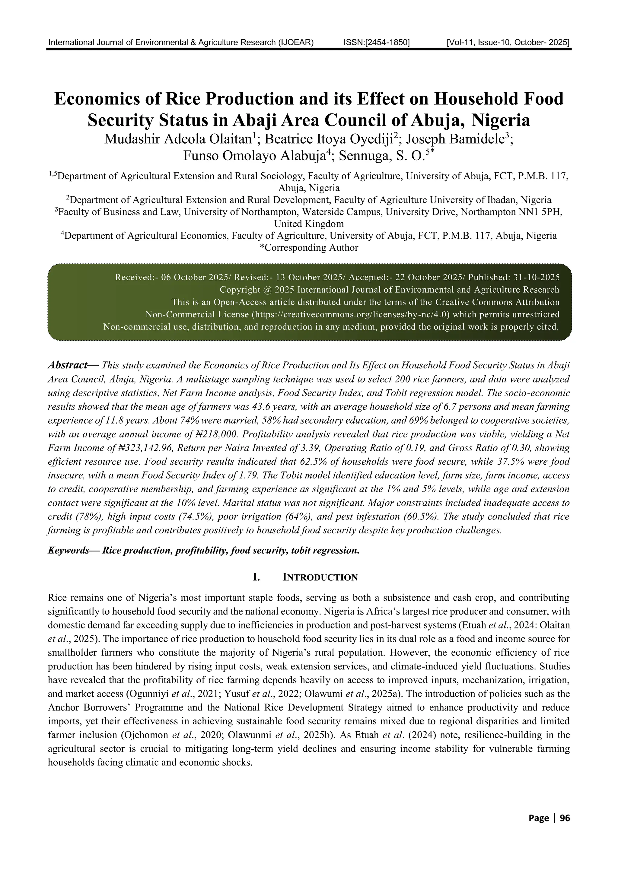 Economics of Rice Production and its Effect on Household Food Security ...