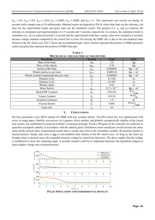 International Journal of Engineering Research & Science (IJOER) ISSN: [2395-6992] [Vol-4, Issue-4, April- 2018]
Page | 52
𝑘 𝑝1 = 0.5, 𝑘 𝑝2 = 0.5, 𝑘 𝑝3 = 10.0, 𝑘 𝑑1 = 0.005, 𝑘 𝑑2 = 0.005 and 𝑘 𝑑3 = 1. The experiment was carried out during 10
seconds with a sample time of 10 milliseconds. Obtained results are depicted in FIG.6, where blue lines are the reference, red
lines are the experimental results and green lines are the simulation results. The position (i.e. 𝑥𝑓 and 𝑦𝑓) achieves the
reference in simulation and experimentation in 1.5 seconds and 3 seconds, respectively. In contrast, the simulation result in
orientation (i.e., 𝜃𝑓) is achieved around 2.5 second and the experimental result has a steady value error reached at 4 seconds,
because voltage armature computed by the control law is lower for moving the OMR; this is due to the non-modeled static
friction in the DC motor axes. FIG.7 shows the accomplished path, where red dots represent the position of OMR geometric
center and green dots represent the position of OMR front part.
TABLE 1
MECHANICAL AND ELECTRICAL PARAMETERS
Parameter Symbol Value Units
Mass of the body 𝑚 𝑅 2.8 Kg
Mass of the wheels 𝑚 𝑅1 0.38 Kg
Inertia of the body 𝐼 𝑅𝑧 0.060848 Kg − m2
Wheels inertia in axis rotor 𝐼 𝑅𝑦1 0.000324 Kg − m2
Wheels inertial in perpendicular axis rotor 𝐼 𝑅𝑧1 0.000469 Kg − m2
Distance in 𝑅1 𝑙1 0.1524 m
Distance in 𝑅2 𝑙2 0.1505 m
Wheels radius 𝑟 0.42 m
Rotor Inertia 𝐽 𝑚 5.7 × 10−7
Kg − m2
Back-EMF Constant 𝑘 𝑏 0.01336 N s
rad
Torque Constant 𝑘 𝑎 0.0134 N m
A
Armature resistance 𝑅 𝑎 1.9 Ω
Viscous friction 𝑘 𝑣 0.001 N m s
rad
Gear ratio 𝑟𝑒 64 1
V. CONCLUSIONS
We have presented a new IBVS scheme for OMR with four swedish wheels. The PD control law was implemented with
errors in image space. Stability was proven via Lyapunov direct method, and globally asymptotically stability of the closed
loop system was established by using the LaSalle’s invariance principle. Positive PD gains of the controller are sufficient to
guarantee asymptotic stability in accordance with the stability proof. Simulations show satisfactory results because the states
achieved the desired states. Experimental results show a steady state error in the orientation variable, the position reaches to
desired position. Steady state error is due to non-modeled static friction in the DC motors axes. As long as, the states are
brought closer to desired states, the computed armature voltage by control law decreases. The above implies that the voltage
is insufficient to move the remaining angle. A possible solution could be to implement functions like hyperbolic tangent to
keep a higher voltage near of desired posture.
FIG.6: SIMULATION AND EXPERIMENTAL RESULTS
 