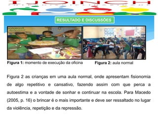 RESULTADO E DISCUSSÕES
Figura 2: aula normalFigura 1: momento de execução da oficina
Figura 2 as crianças em uma aula normal, onde apresentam fisionomia
de algo repetitivo e cansativo, fazendo assim com que perca a
autoestima e a vontade de sonhar e continuar na escola. Para Macedo
(2005, p. 16) o brincar é o mais importante e deve ser ressaltado no lugar
da violência, repetição e da repressão.
 