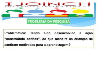 PROBLEMA DA PESQUISA
Problemática: Tendo sido desenvolvido a ação
“construindo sonhos”, de que maneira as crianças se
sentiram motivadas para a aprendizagem?
 
