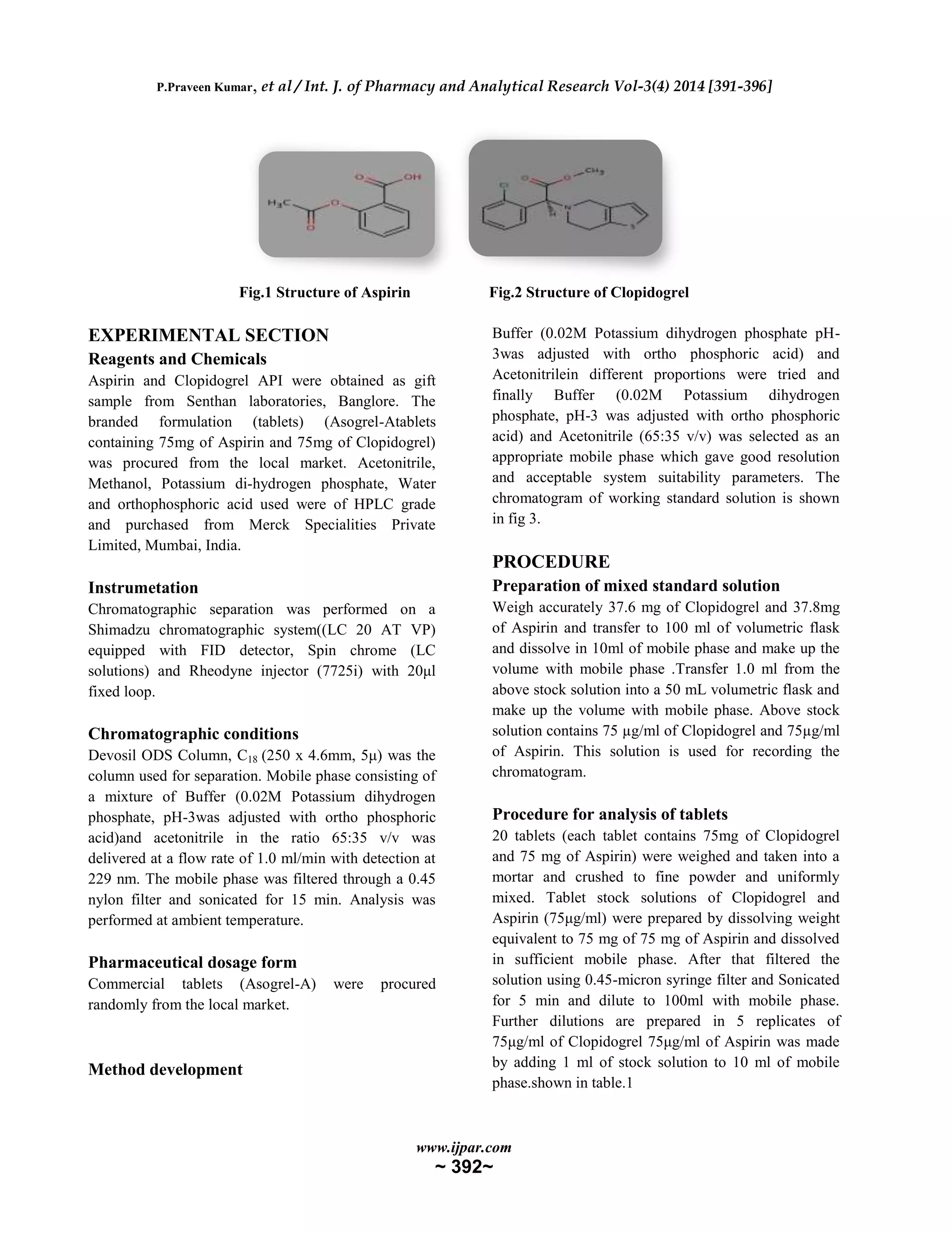 P.Praveen Kumar, et al / Int. J. of Pharmacy and Analytical Research Vol-3(4) 2014 [391-396]
www.ijpar.com
~ 392~
Fig.1 Structure of Aspirin Fig.2 Structure of Clopidogrel
EXPERIMENTAL SECTION
Reagents and Chemicals
Aspirin and Clopidogrel API were obtained as gift
sample from Senthan laboratories, Banglore. The
branded formulation (tablets) (Asogrel-Atablets
containing 75mg of Aspirin and 75mg of Clopidogrel)
was procured from the local market. Acetonitrile,
Methanol, Potassium di-hydrogen phosphate, Water
and orthophosphoric acid used were of HPLC grade
and purchased from Merck Specialities Private
Limited, Mumbai, India.
Instrumetation
Chromatographic separation was performed on a
Shimadzu chromatographic system((LC 20 AT VP)
equipped with FID detector, Spin chrome (LC
solutions) and Rheodyne injector (7725i) with 20μl
fixed loop.
Chromatographic conditions
Devosil ODS Column, C18 (250 x 4.6mm, 5μ) was the
column used for separation. Mobile phase consisting of
a mixture of Buffer (0.02M Potassium dihydrogen
phosphate, pH-3was adjusted with ortho phosphoric
acid)and acetonitrile in the ratio 65:35 v/v was
delivered at a flow rate of 1.0 ml/min with detection at
229 nm. The mobile phase was filtered through a 0.45
nylon filter and sonicated for 15 min. Analysis was
performed at ambient temperature.
Pharmaceutical dosage form
Commercial tablets (Asogrel-A) were procured
randomly from the local market.
Method development
Buffer (0.02M Potassium dihydrogen phosphate pH-
3was adjusted with ortho phosphoric acid) and
Acetonitrilein different proportions were tried and
finally Buffer (0.02M Potassium dihydrogen
phosphate, pH-3 was adjusted with ortho phosphoric
acid) and Acetonitrile (65:35 v/v) was selected as an
appropriate mobile phase which gave good resolution
and acceptable system suitability parameters. The
chromatogram of working standard solution is shown
in fig 3.
PROCEDURE
Preparation of mixed standard solution
Weigh accurately 37.6 mg of Clopidogrel and 37.8mg
of Aspirin and transfer to 100 ml of volumetric flask
and dissolve in 10ml of mobile phase and make up the
volume with mobile phase .Transfer 1.0 ml from the
above stock solution into a 50 mL volumetric flask and
make up the volume with mobile phase. Above stock
solution contains 75 µg/ml of Clopidogrel and 75µg/ml
of Aspirin. This solution is used for recording the
chromatogram.
Procedure for analysis of tablets
20 tablets (each tablet contains 75mg of Clopidogrel
and 75 mg of Aspirin) were weighed and taken into a
mortar and crushed to fine powder and uniformly
mixed. Tablet stock solutions of Clopidogrel and
Aspirin (75μg/ml) were prepared by dissolving weight
equivalent to 75 mg of 75 mg of Aspirin and dissolved
in sufficient mobile phase. After that filtered the
solution using 0.45-micron syringe filter and Sonicated
for 5 min and dilute to 100ml with mobile phase.
Further dilutions are prepared in 5 replicates of
75μg/ml of Clopidogrel 75μg/ml of Aspirin was made
by adding 1 ml of stock solution to 10 ml of mobile
phase.shown in table.1
 