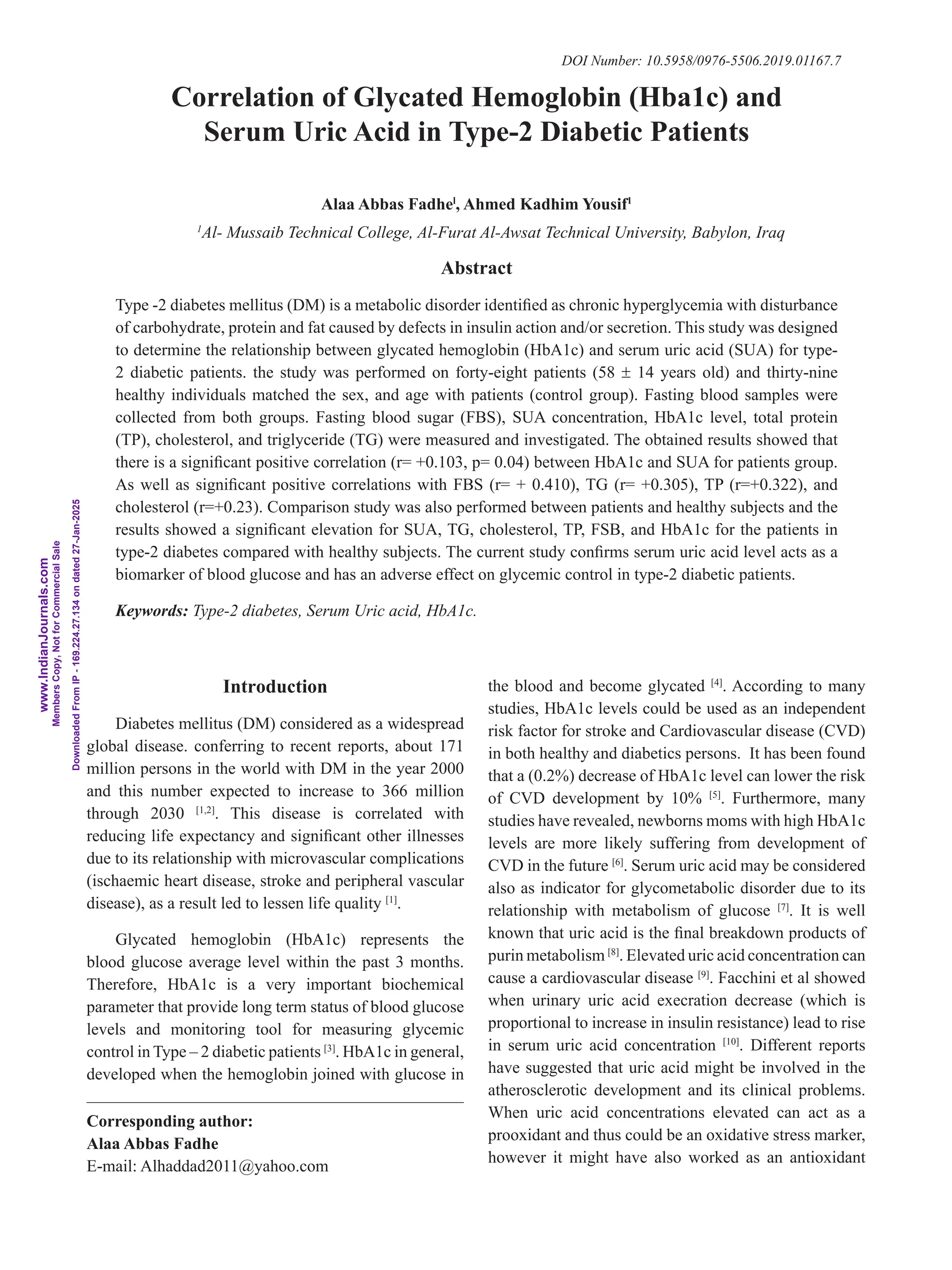 Correlation of Glycated Hemoglobin (Hba1c) and Serum Uric Acid in Type ...