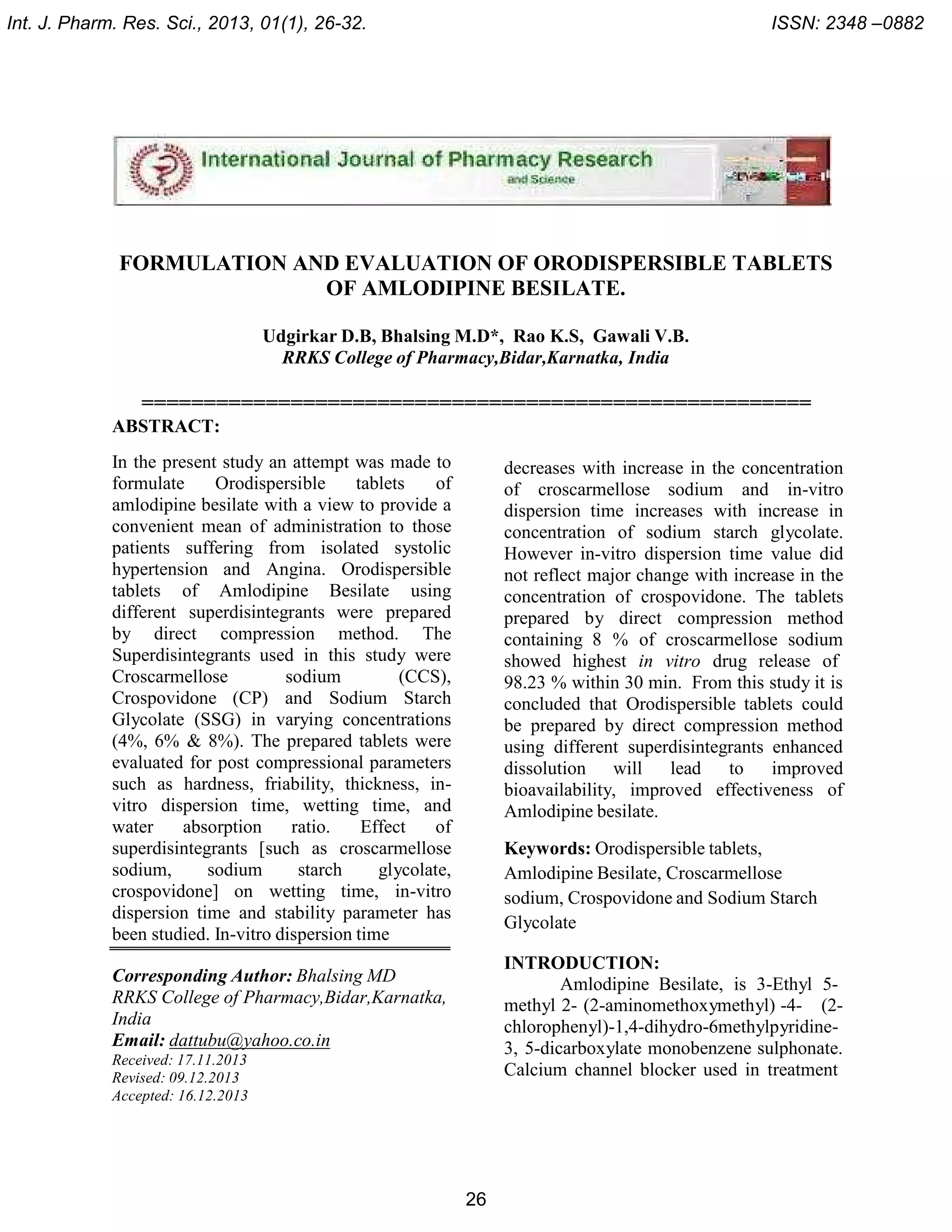 FORMULATION AND EVALUATION OF ORODISPERSIBLE TABLETS OF AMLODIPINE ...