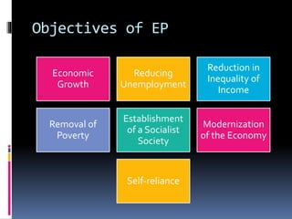 Objectives of EP
Economic
Growth
Reducing
Unemployment
Reduction in
Inequality of
Income
Removal of
Poverty
Establishment
of a Socialist
Society
Modernization
of the Economy
Self-reliance
 