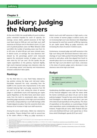 88 | INDIA JUSTICE REPORT 2022
At the end of 2022, the overall ability of courts to deliver
justice remained impeded for want of capacity. On
average, across states, judicial vacancies at the high
court level stood at 29.8 per cent and high court staff
vacancies at 25.6 per cent. In the district courts, 21.7 per
cent of judicial positions were not filled. Between 2020
and 2022, the number of pending cases rose from 4.1
to 4.9 crore, of which 69 per cent were criminal cases.
In district courts, on average, the case clearance rate1
slowed by 3.6 percentage points2
—and measured
against the sanctioned number of judges, court halls
were short by 14.7 per cent.3
On the upside, the per
capita expenditure on the judiciary improved slightly,
high courts improved average case clearance rates by
6.1 percentage points4
and diversity and inclusiveness
showed a welcome if slow uptick.
Rankings
For the third time in a row, Tamil Nadu retained its
top position among the large and mid-sized states.
Karnataka improved the most, ascending from the
twelfth to the second rank. Improvements in the state
included reducing high court judge vacancies from 50
per cent to 21 per cent, raising the share of women
judges in subordinate courts and improving per capita
spend. Rajasthan, on the other hand, went down seven
ranks from the tenth to seventeenth place, owing to
persisting judge vacancies at the high court and district
court levels, compounded by a court hall shortage; while
Punjab slipped one place, from the second to third rank,
because of an increase in high court staff vacancies.
Among the seven small states, Sikkim too retained its
top position. Tripura climbed from sixth to second due
to the state’s efforts in filling up judge vacancies in
district courts and staff vacancies in high courts, a rise
in the number of women judges in district courts, and
an increasing high court case clearance rate. Meghalaya
too improved its rank from seventh to fifth by improving
its per capita spend, filling up judge vacancies, and
increasing the share of women in district courts.
Contrariwise, increased judge and staff vacancies in the
high court along with decreased clearance rates and a
shortage of court halls pushed Himachal Pradesh from
second to sixth place, while Goa slipped from fourth to
seventh place due to an increase in judge vacancies at
both the high court and district court level, a decrease
in the share of women judges and a decrease in case
clearance rate at the high court level.
Budget
Ameliorating shortfalls requires money. The lion’s share
of this financial obligation rests with the states while
the Centre contributes just about 10 per cent to state
judiciary budgets.5
Except for two union territories, Delhi
and Chandigarh, no state spends more than 1 per cent
of its total annual expenditure on the judiciary. The share
of expenditure on the judiciary as a percentage of total
state expenditure varies considerably across states. For
instance, Punjab (0.8 per cent), Uttar Pradesh (0.6 per
cent) and Jharkhand (0.6 per cent) spend two or three
times what Chhattisgarh spends (0.37 per cent).6
1 Case clearance rate is the number of cases disposed in a year, measured against the number filed in that year.
2 93.0 per cent to 89.4 per cent.
3	
Nyaya Vikas Portal, Statement of State-wise availability of Court Halls as on 31.08.2022, 2022. Available at: https://bhuvan-nyayavikas.nrsc.gov.in/assets/files/ch_info.pdf
4 94.76 from 88.5 per cent.
5	
Centre for Budget and Governance Accountability and DAKSH, Memorandum to the Fifteenth Finance Commission on Budgeting for the Judiciary in India, 2019. Available at: https://www.
dakshindia.org/wp-content/uploads/2019/06/Memorandum-on-Budgeting-for-Judiciary-in-India-from-CBGA-Website.pdf
6	
Combined Finance and Revenue Accounts of the Union and State Governments in India, Comptroller and Auditor General of India;, Expenditure of Administration of Justice to the Total State
Expenditure, 2020-2021.
Judiciary: Judging
the Numbers
Chapter 3
Per capita spend on judiciary
(Rs. 2020-21)
Difference in spend: judiciary vs state
(pp, FY ’17-’21)
Judiciary
 